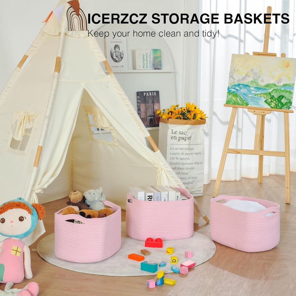 Storage Baskets for Organizing Shelves, Pink Basket for Nursery, Woven Cotton Rope Baskets for Storage, Towel Basket for Bathroom, 15"x11"x9.5", 3 Packs, Light Pink