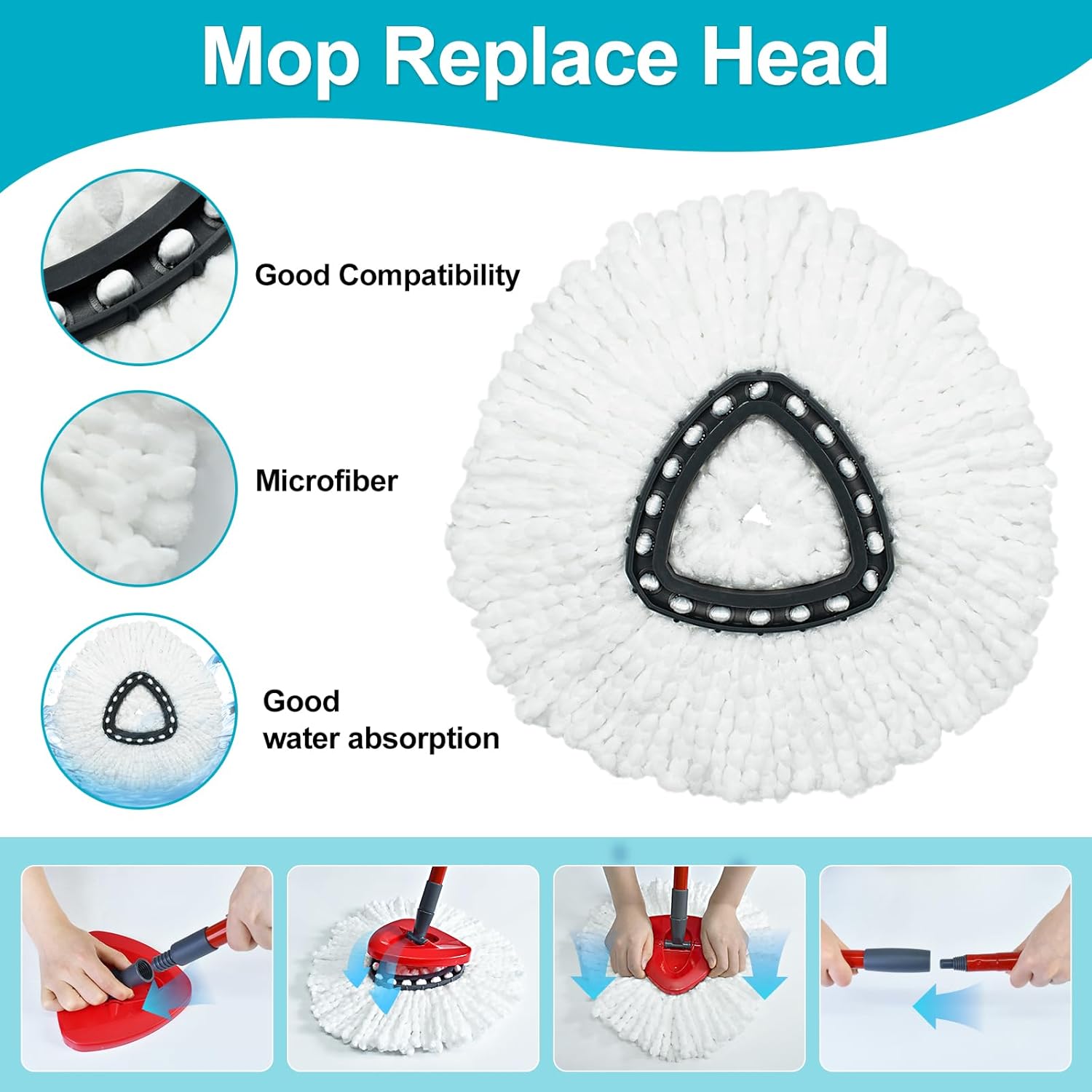 Spin Mop Replace Head, Base, Mop Handle Replacement for OCedar EasyWring 1 Tank System, Include 2 Microfiber Mop Head Replacement, 1 Sturdy Iron 30-58" Mop Handle, 1 Scrubber Head, 1 Spin Base