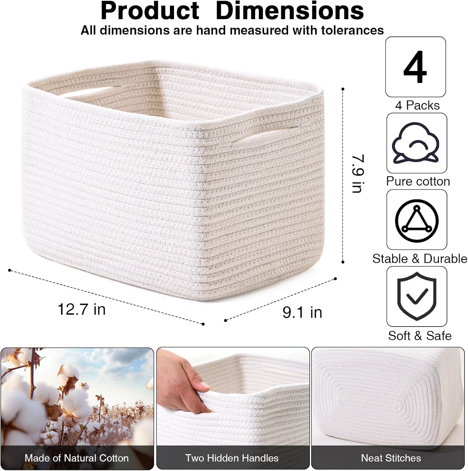 White Storage Baskets for Organizing, Woven Storage Baskets for Shelves, Cotton Rope Basket for Storage, Cute Rectangular Book Toy Basket, 12.7"×9.1"×7.9", 4 Packs, Off White