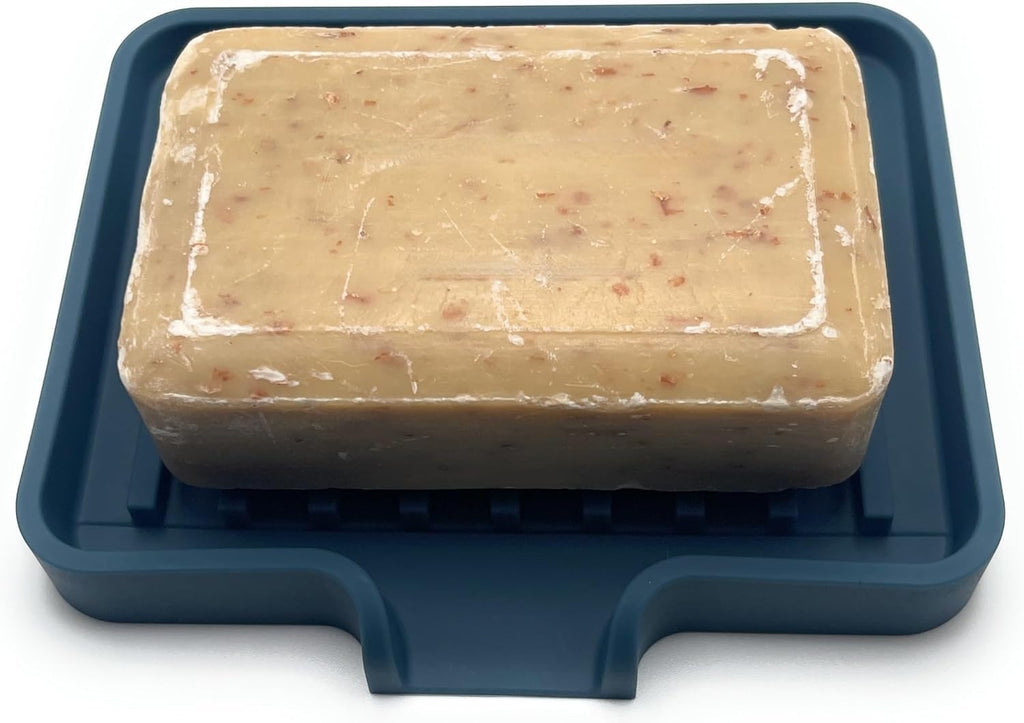 Happitasa Silicone Soap Dish Tray and Sponge Holder with Drain Chute, Pack of 2 | Bathroom and Kitchen Sink Organizer Caddy (Smoky Blue, 5.2"x4", 7.2 Ounces)