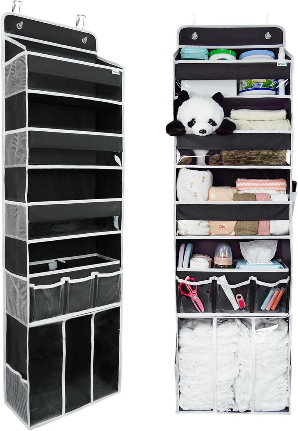 Door Hanging Storage Organizer,with 3 Bins 1 Movable Baby Diaper Caddy,1 Large capacity diaper stacking storage Organizer,10 Side Pockets ,Bedroom Door Storage for Nursery Baby Essentials. (Dark grey)