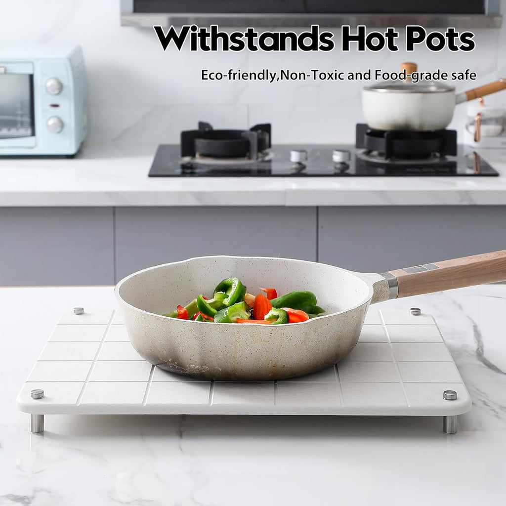 Stone Dish Drying Mat for Kitchen Counter, Water Absorbing Bathroom Tray Sink Organizer, Diatomaceous Earth Countertop Dish Rack Riser Sponge Holder Soap Dish, Gray Beige, 16" x 12"