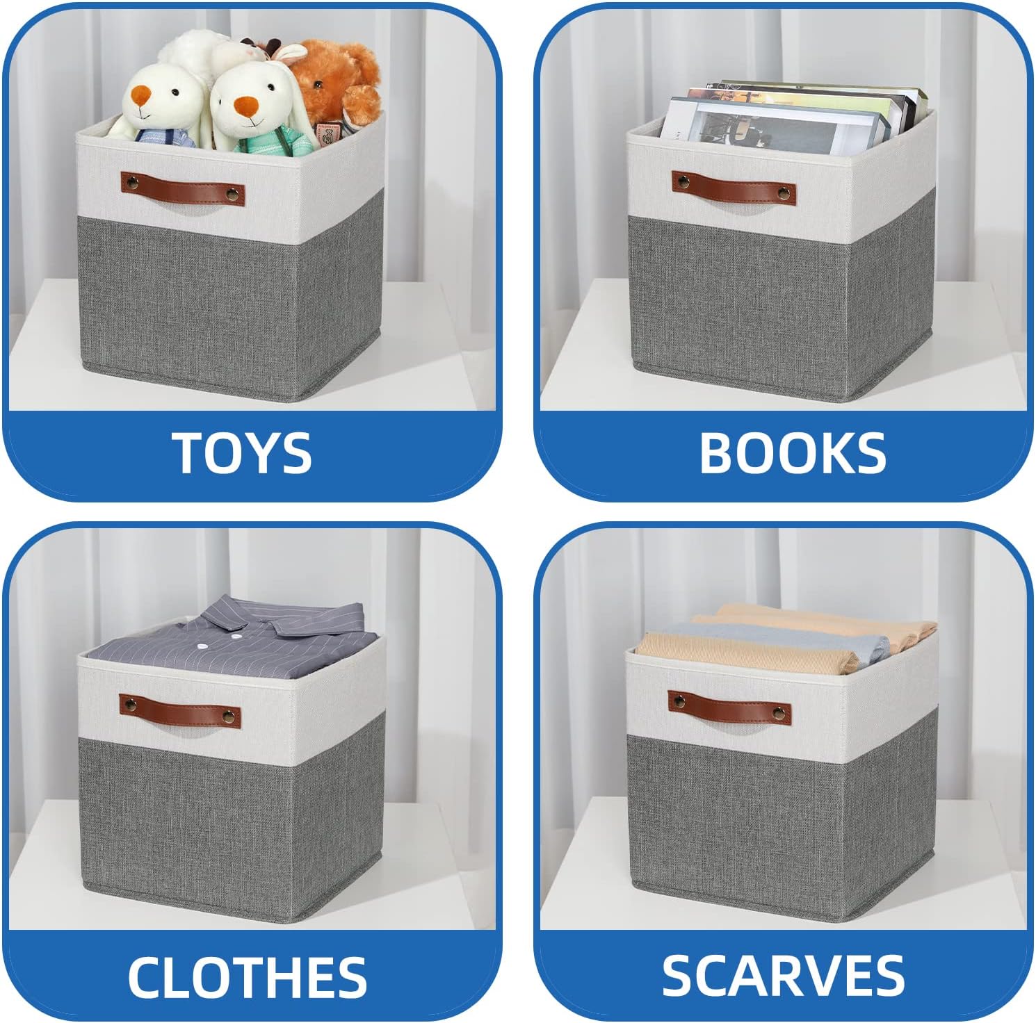 Temary Cube Storage Bins 4 Pack Storage Cubes 11×11 Fabric Storage Bins Foldable Cube Storage Baskets with Handles, Collapsible Storage Basket for Shelf (White & Grey, 11 x 11 x 11)