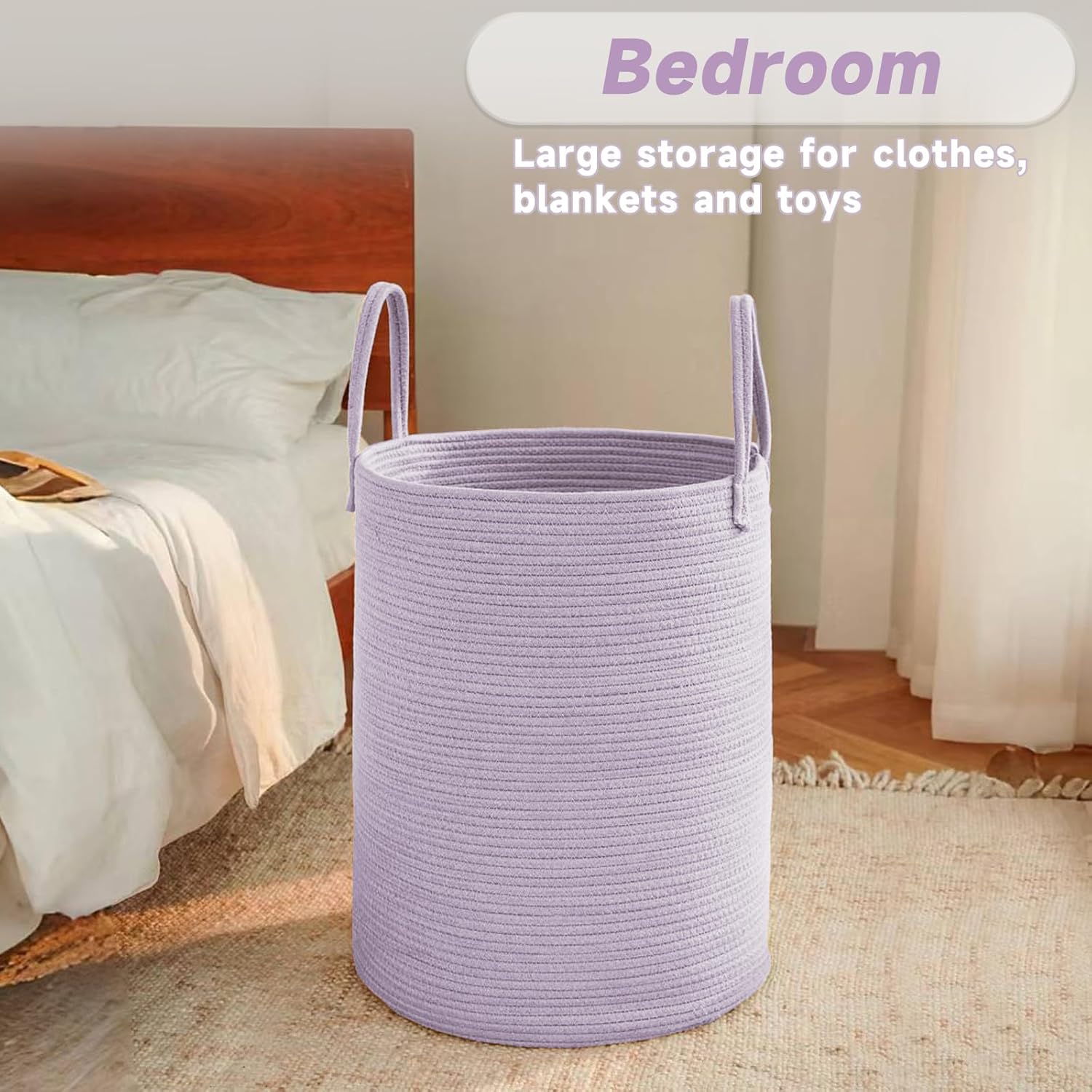 Large Woven Laundry Basket Hamper,60L Cotton Rope Storage Bin for Blankets,Toys and Clothes,Decorative Tall Nursery Hamper for Living Room,Baby Nursery,Bathroom and Bedroom,Purple
