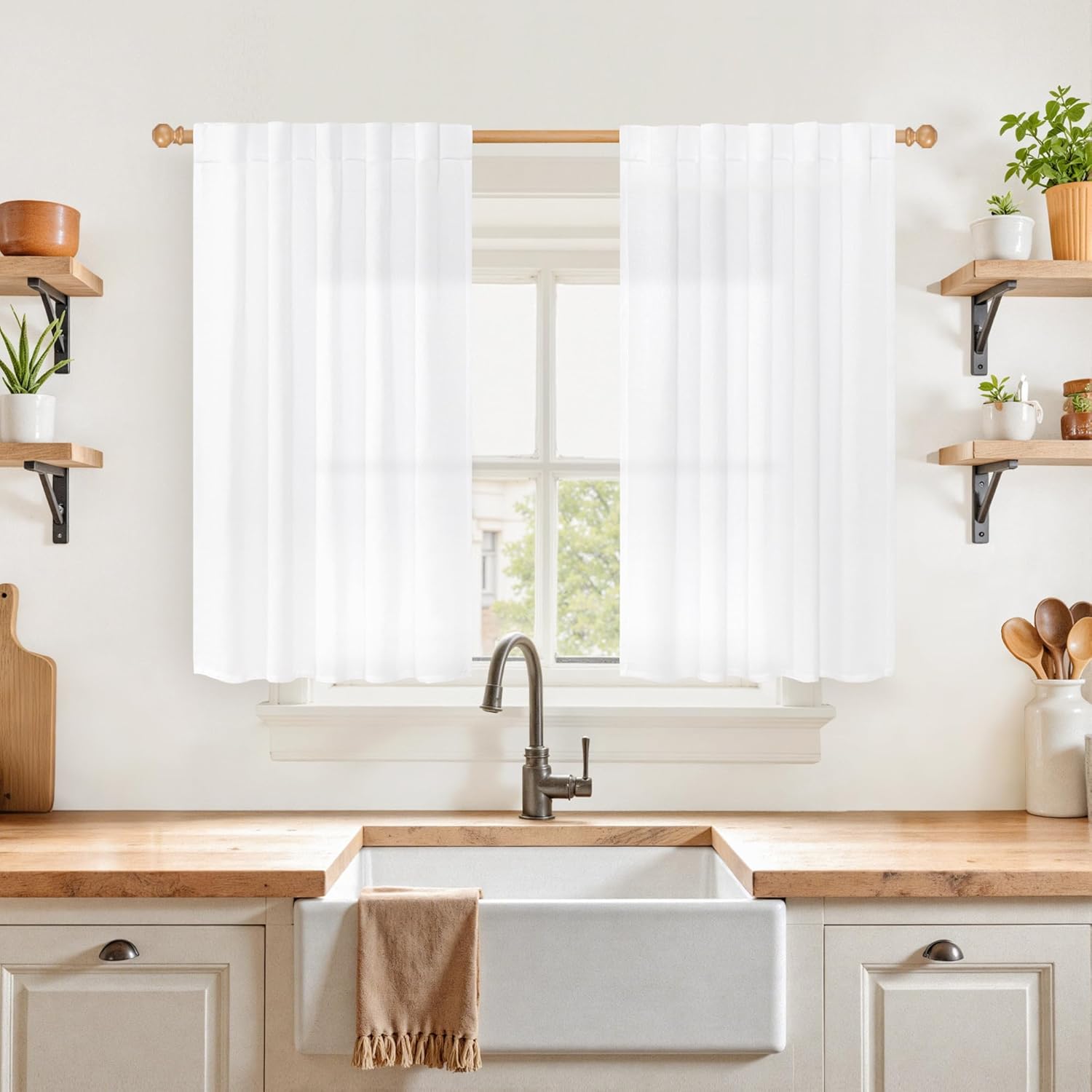 YoungsTex 40 Inch Length White Linen Curtains for Kitchen Window, Rod Pocket Short Semi Sheer Drapes Light Filtering for Bathroom Bedroom Back Tab Small Curtain, 42 X 40 Inch, 2 Panels