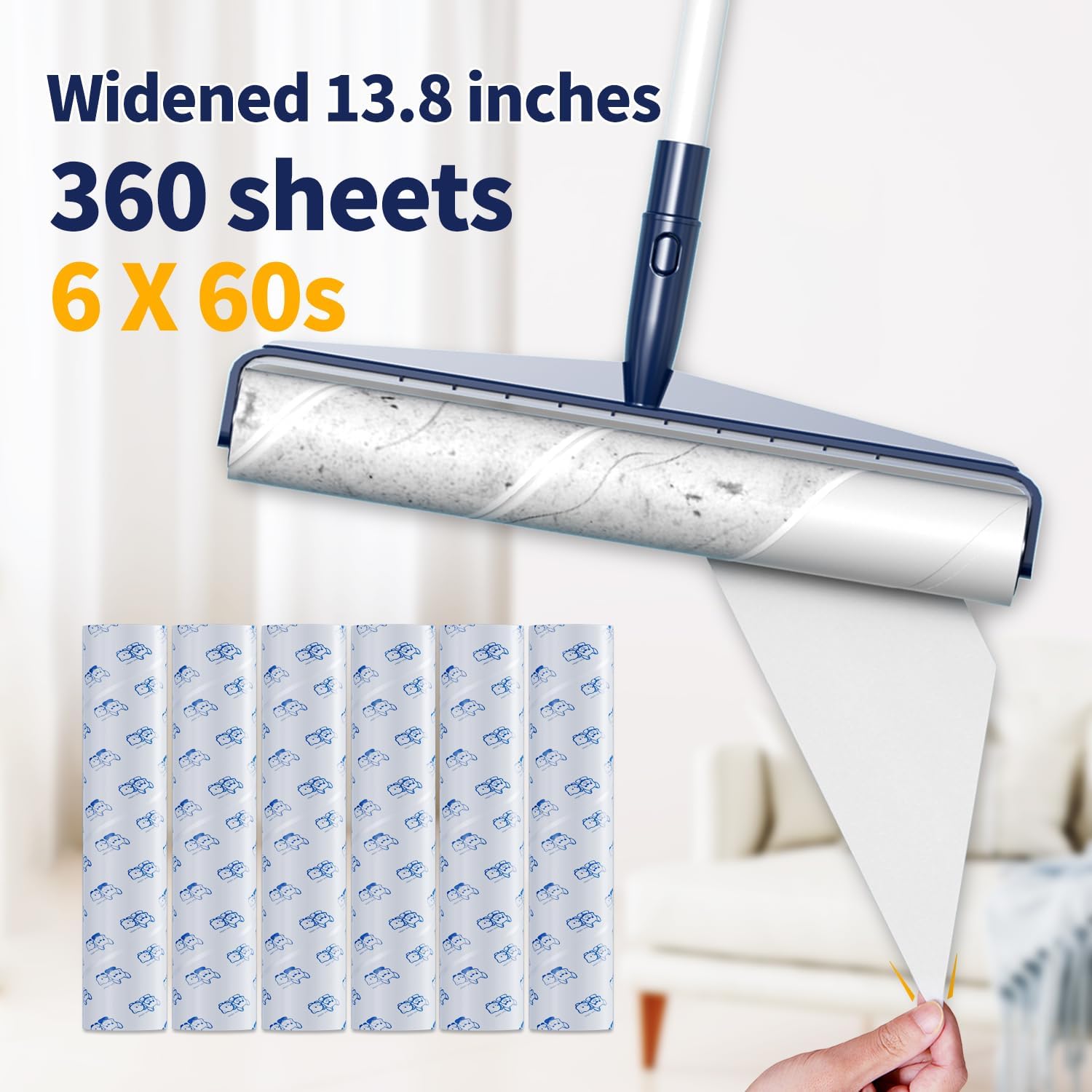 13.8in Large Size Floor Lint Rollers for Pet Hair Extra Sticky 51.2in Long Handle Giant Big Hair Picker Upper from Sticky Mop for Cleaning Dog Cat Hair Animal Fur Removal Roller Couch Bed Sheet Carpet