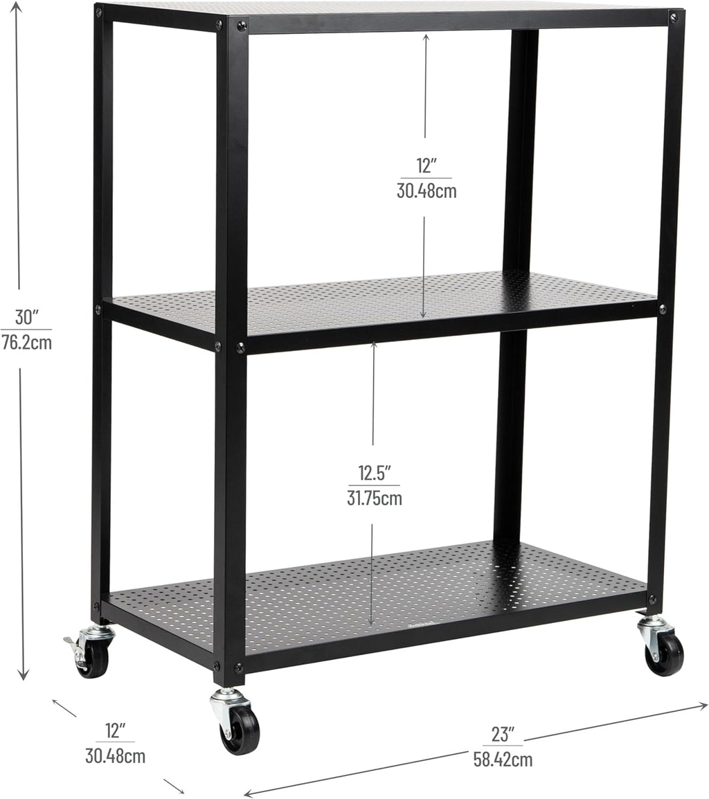 Mind Reader Rolling Cart, Rolling Cart, Microwave Stand, 3-Tier, Coffee Cart, Office, Metal, 23" L x 12" W x 30" H, Black