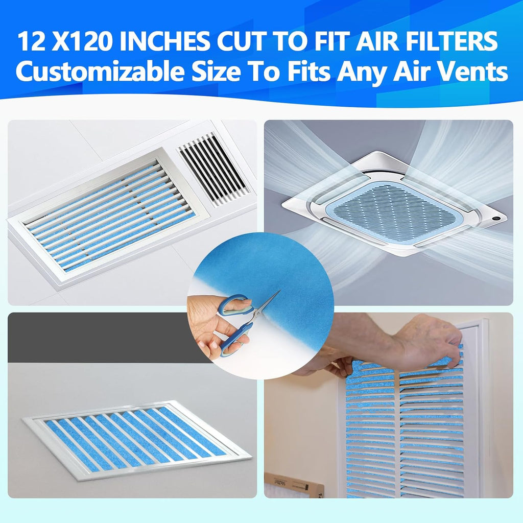 12" x120" Air Vent Filters, Cut to Fit Air Filter (50+ Filters), MERV 8 Triple Vent Filter for Home Floor, Ceiling, RV, HVAC Furnace Vents, With Adhesive Hook Tape and Installation Tape