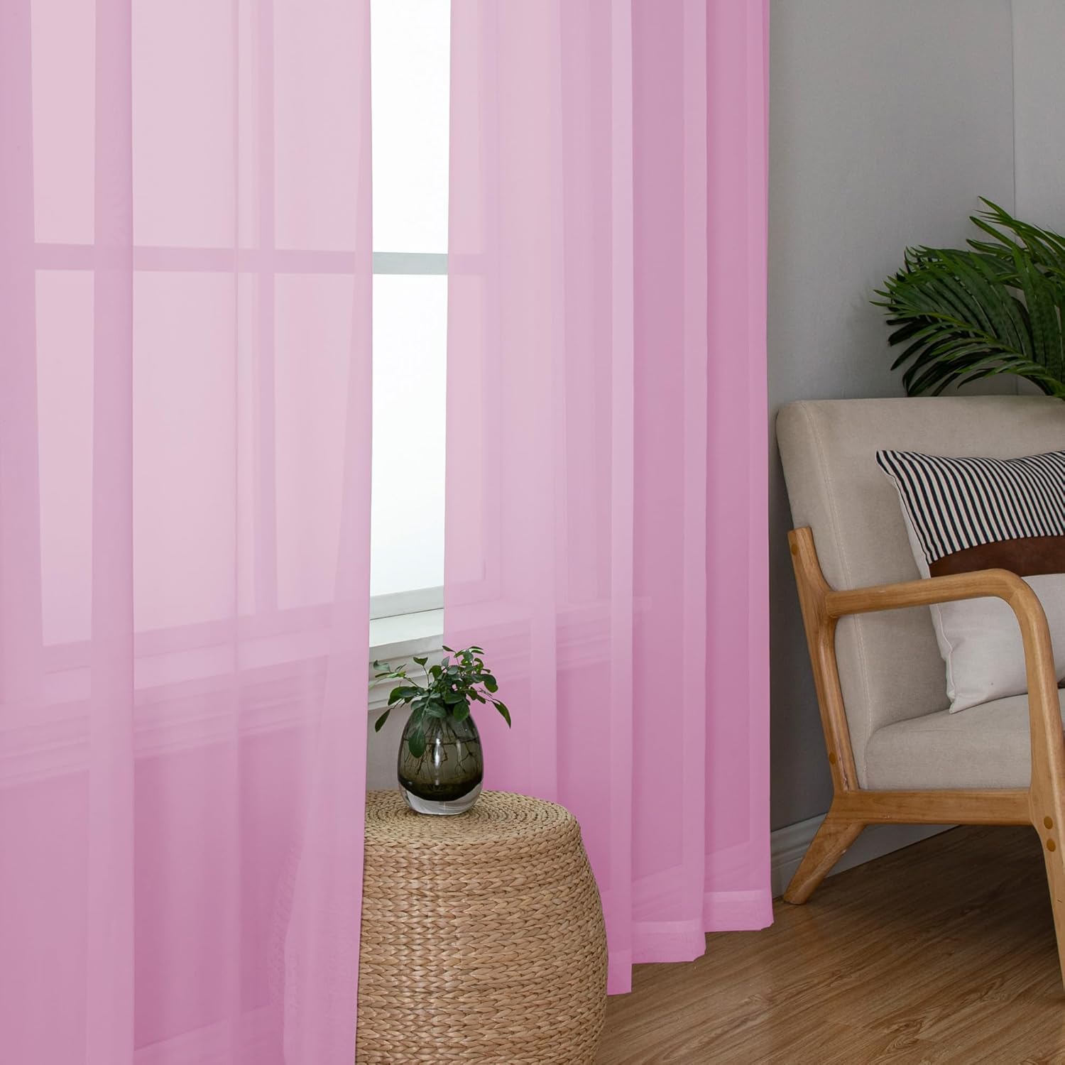 Chyhomenyc Pink Sheer Curtains 54 Inch Long 2 Panels, Light Filtering Rod Pocket Voile Short Curtains Drapes for Living Room Bedroom Small Windows, 42Wx45L Inches