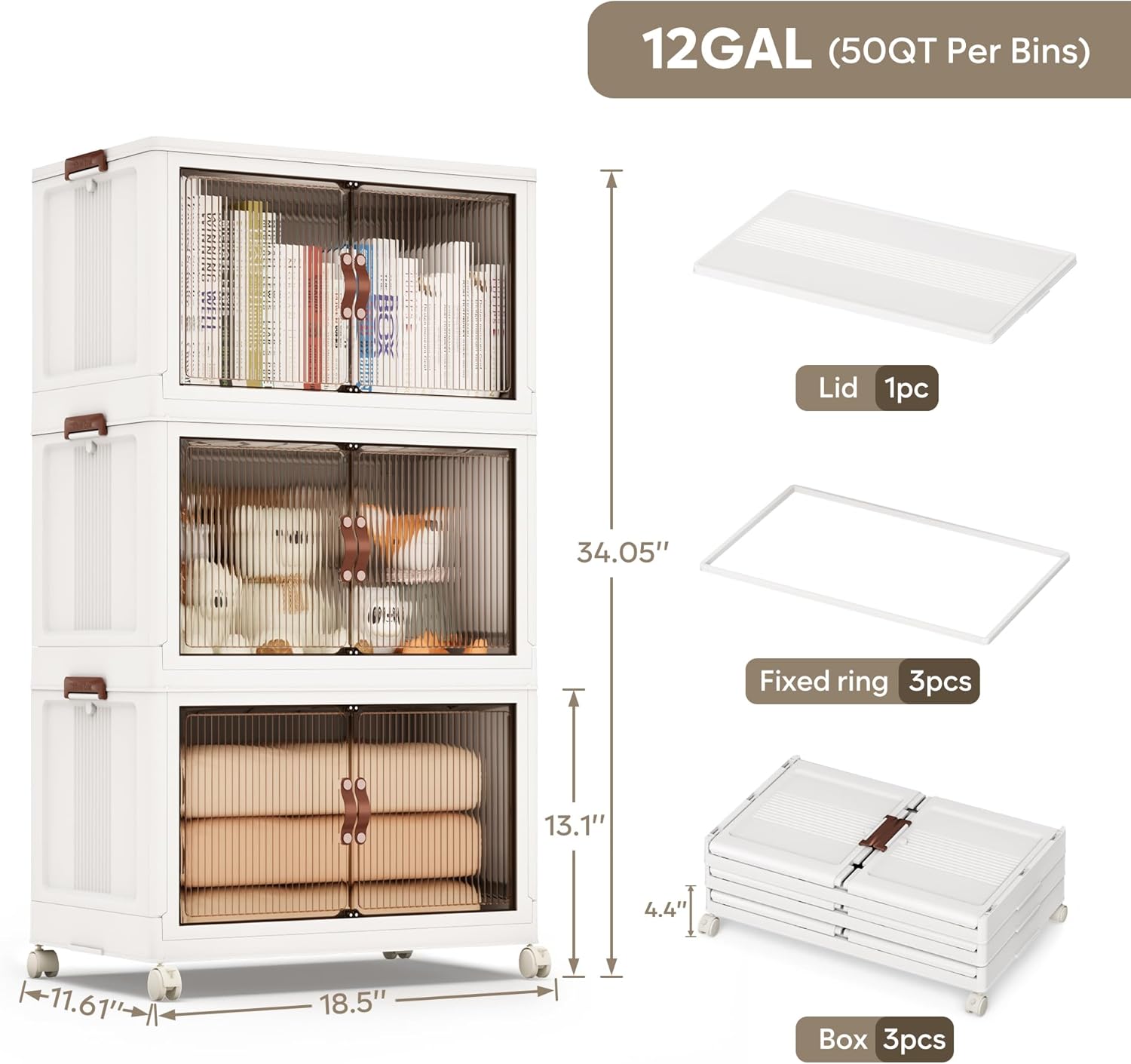 Jalove 50QT Plastic Storage Bins with lids, Stackable Collapsible Storage Containers with Wheels, Closet Organizer and Storage Drawers, Clothes Storage Cabinet for Home Office Garage, 3Pack White