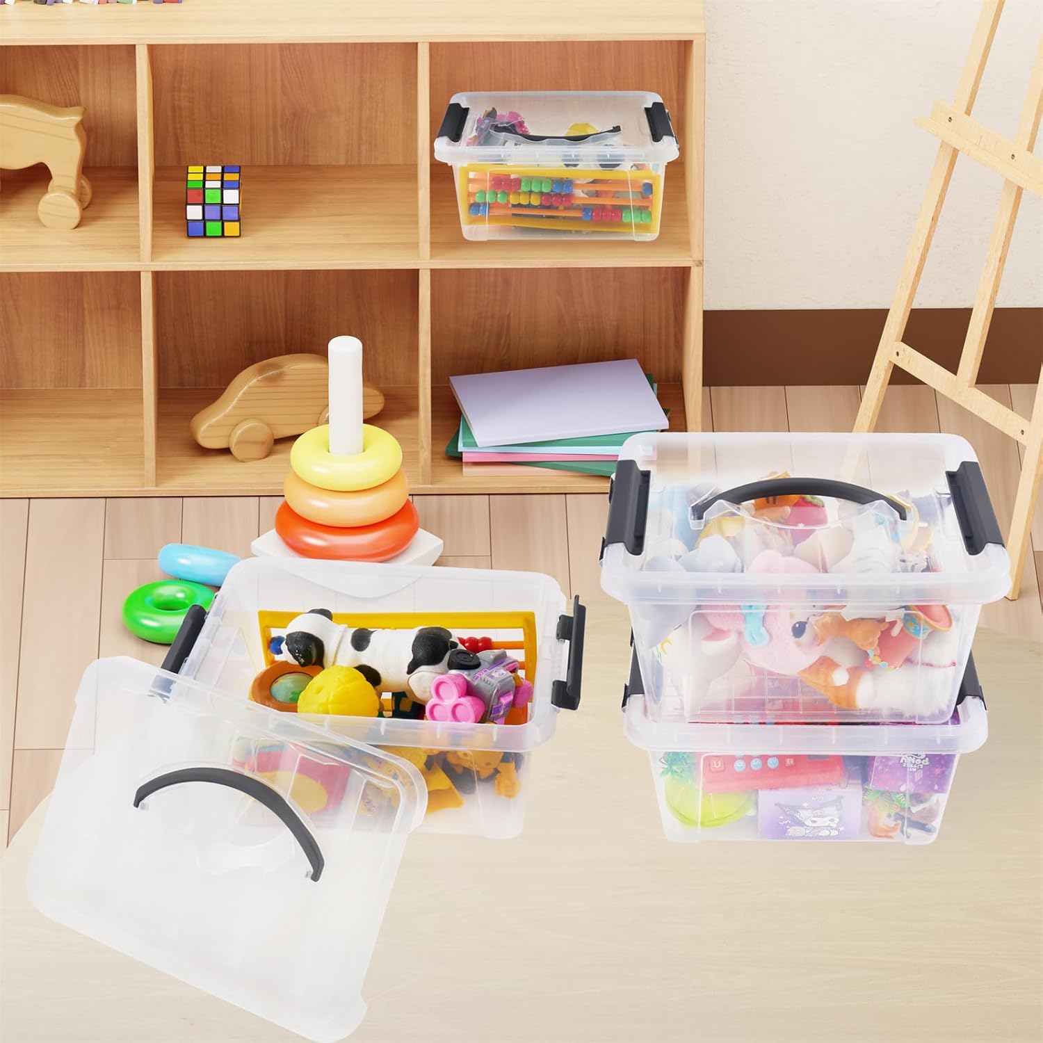 6 Quart Plastic Stackable Storage Latch Bins,Clear Latching Box with Handle and Lid,Pack of 6 (Black Handle)