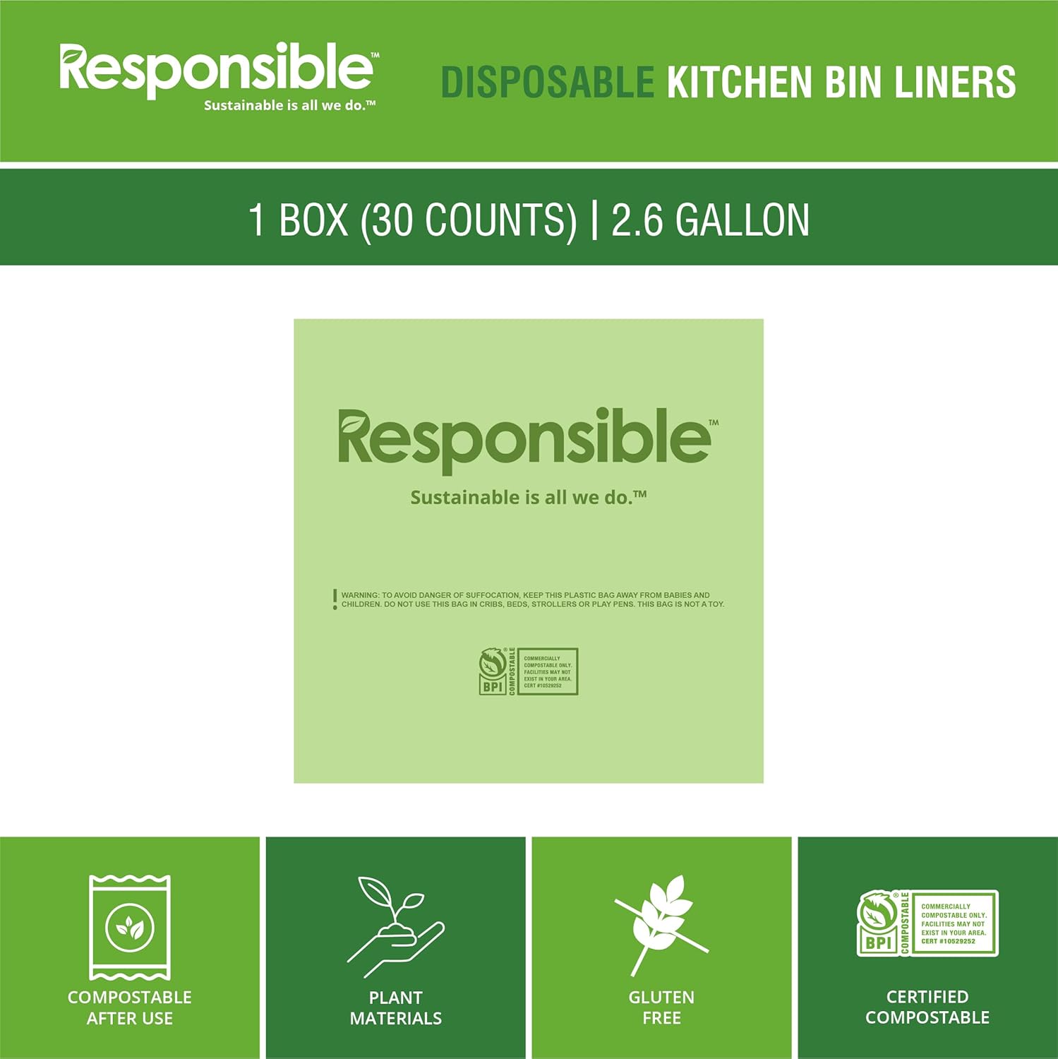 Responsible Products Kitchen Bin Liners, Certified Compostable, Heavy Duty Multipurpose Food Scrap Bags, Made from Compostable Materials (2.6 Gallon Flat Top, 2.6 Gallon (30 Count))