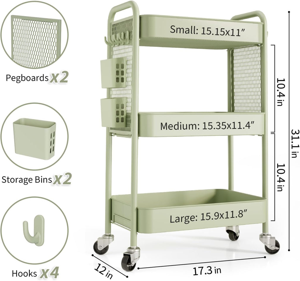 TOOLF 3 Tier Rolling Cart Storage Organizer, Metal Rolling Utility Cart with Wheels, Hooks & Bins Esthetician Craft Art Sturdy Storage with Pegboard for Bathroom, Kitchen, Office, Nursery Diaper