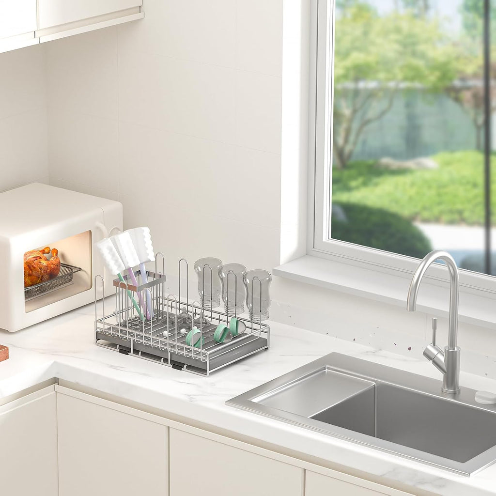 Baby Bottle Drying Rack Organizer Stainless Steel Large Countertop Glass Water Bottle Dryer Holder with Diatomite Stone Quick Dry Easy Clean and Brush Holder