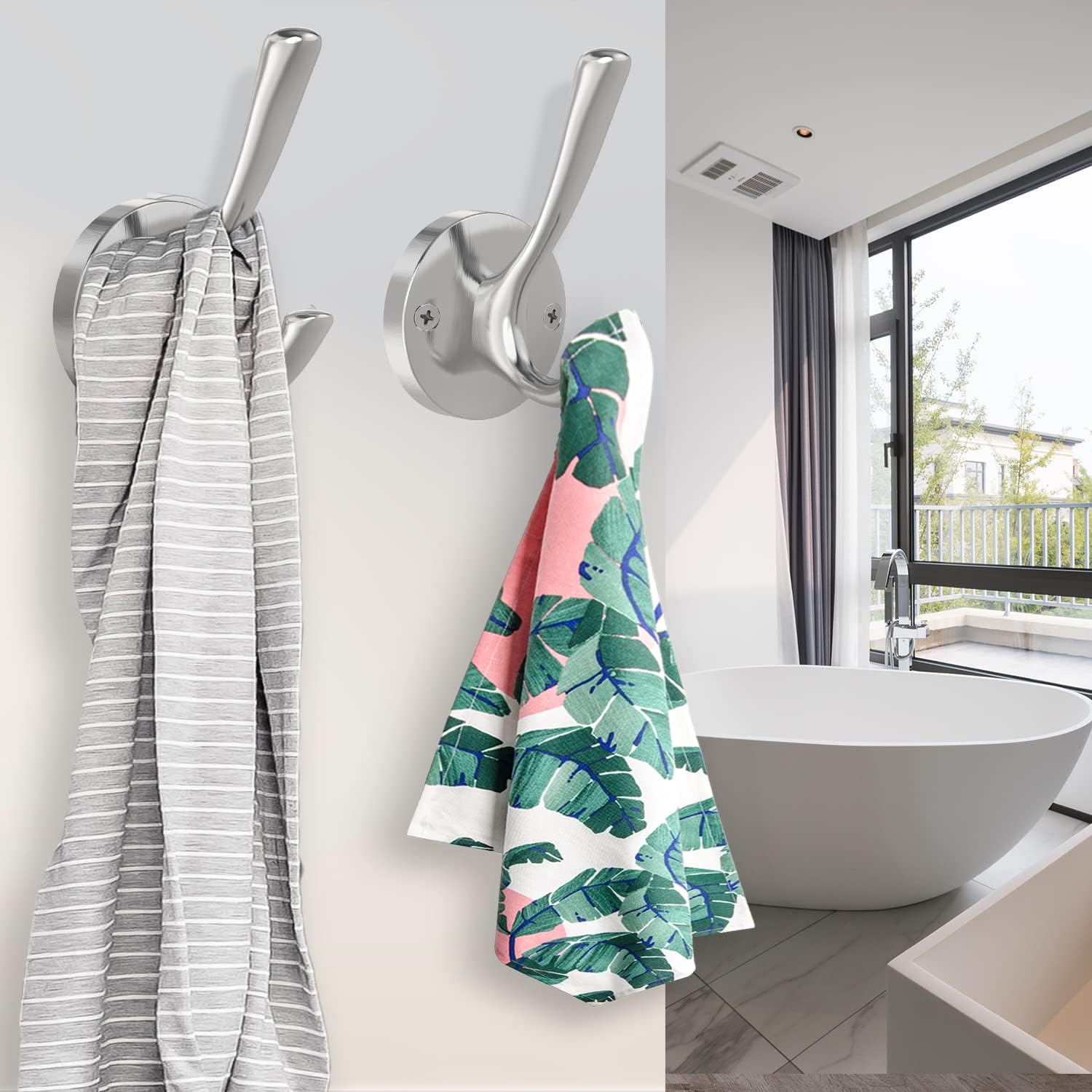 Brushed Nickel Wall Hooks Towel Hooks, 2 Pack Coat Robe Hook Heavy Duty Bathroom Double Hook Wall Mounted, Hand Towel Hooks for Closet Entryway Cubicle Kitchen