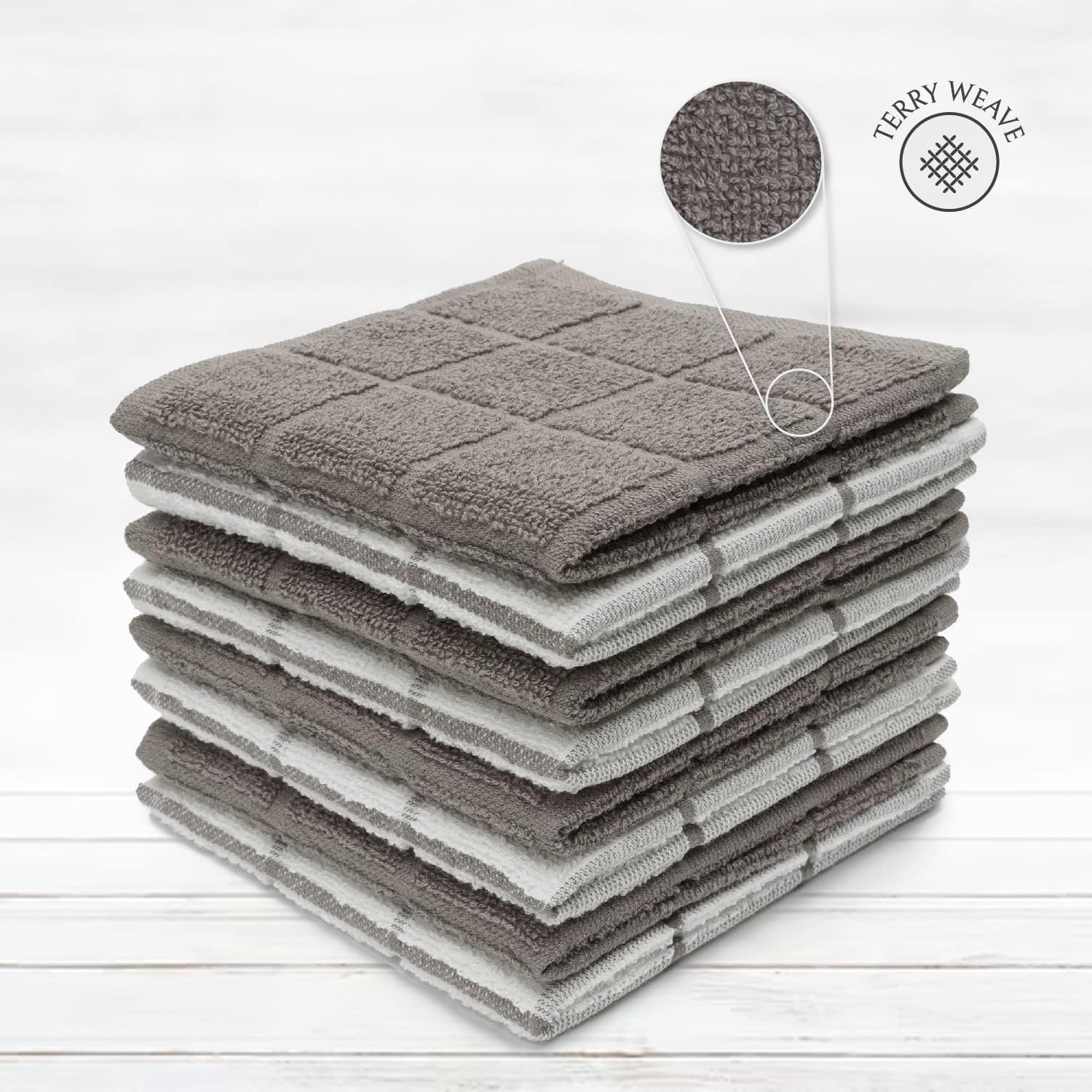100% Cotton Terry Dish Cloth & Dish Towel, 6 Pack, Super Soft and Absorbent Kitchen Towels, Perfect for Kitchen Cleaning and Dish Washing (Grey (Solid and Checks) 8 Pack)