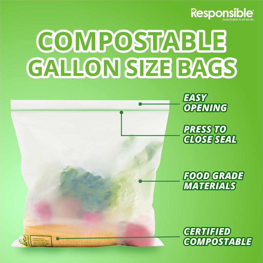 Responsible Products Certified Compostable Large GALLON Resealable Zip Bag, Extra Strength Food Bags, Made from Plant Materials (32 Pack)