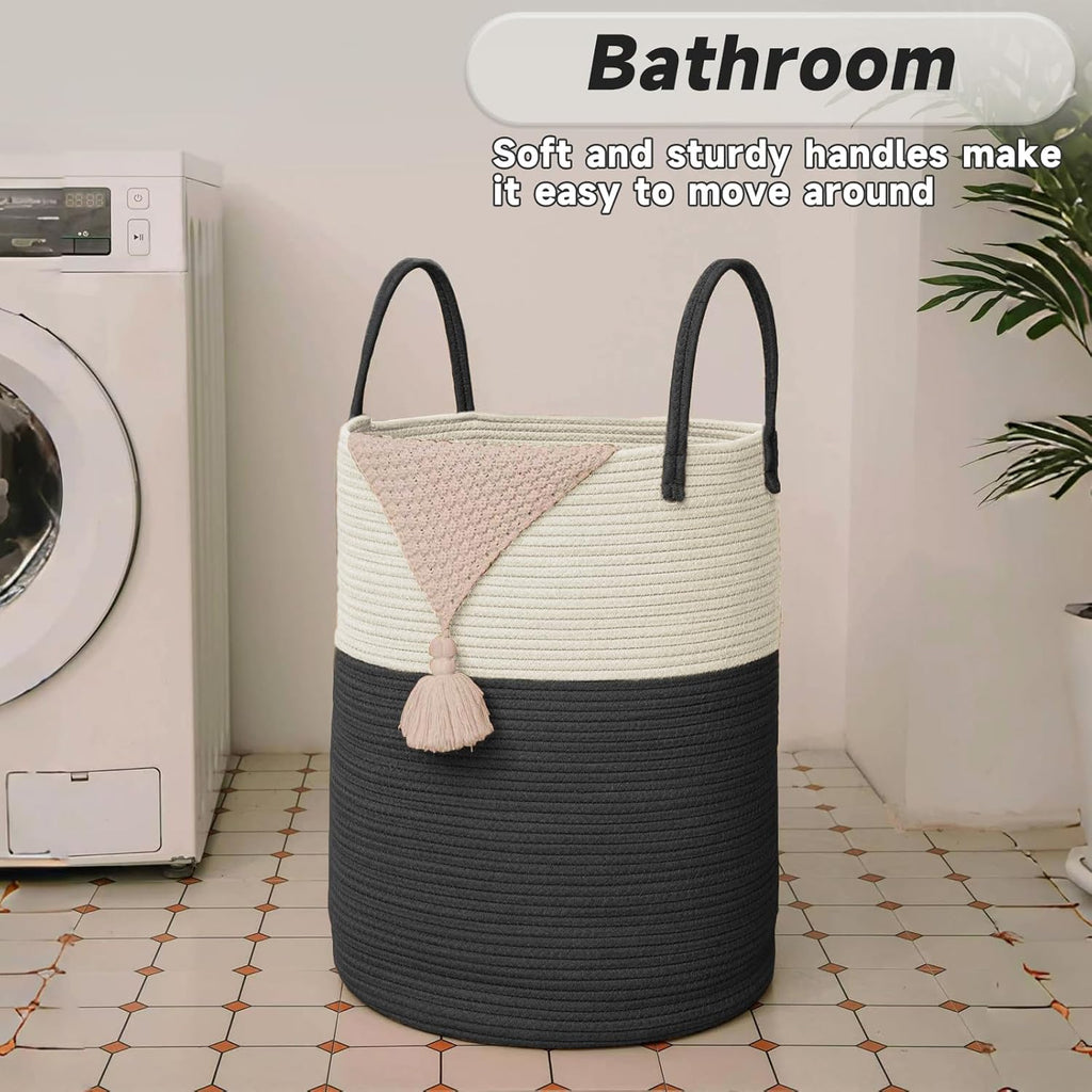Large Woven Laundry Basket Hamper,100L Cotton Rope Storage Bin for Blankets,Toys and Clothes,Decorative Tall Nursery Hamper for Living Room,Baby Nursery,Bathroom and Bedroom,White and Black