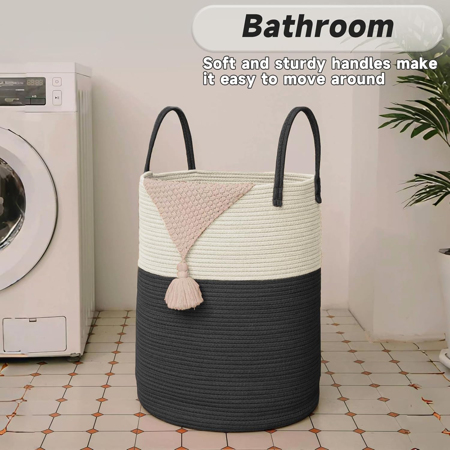 Large Woven Laundry Basket Hamper,100L Cotton Rope Storage Bin for Blankets,Toys and Clothes,Decorative Tall Nursery Hamper for Living Room,Baby Nursery,Bathroom and Bedroom,White and Black