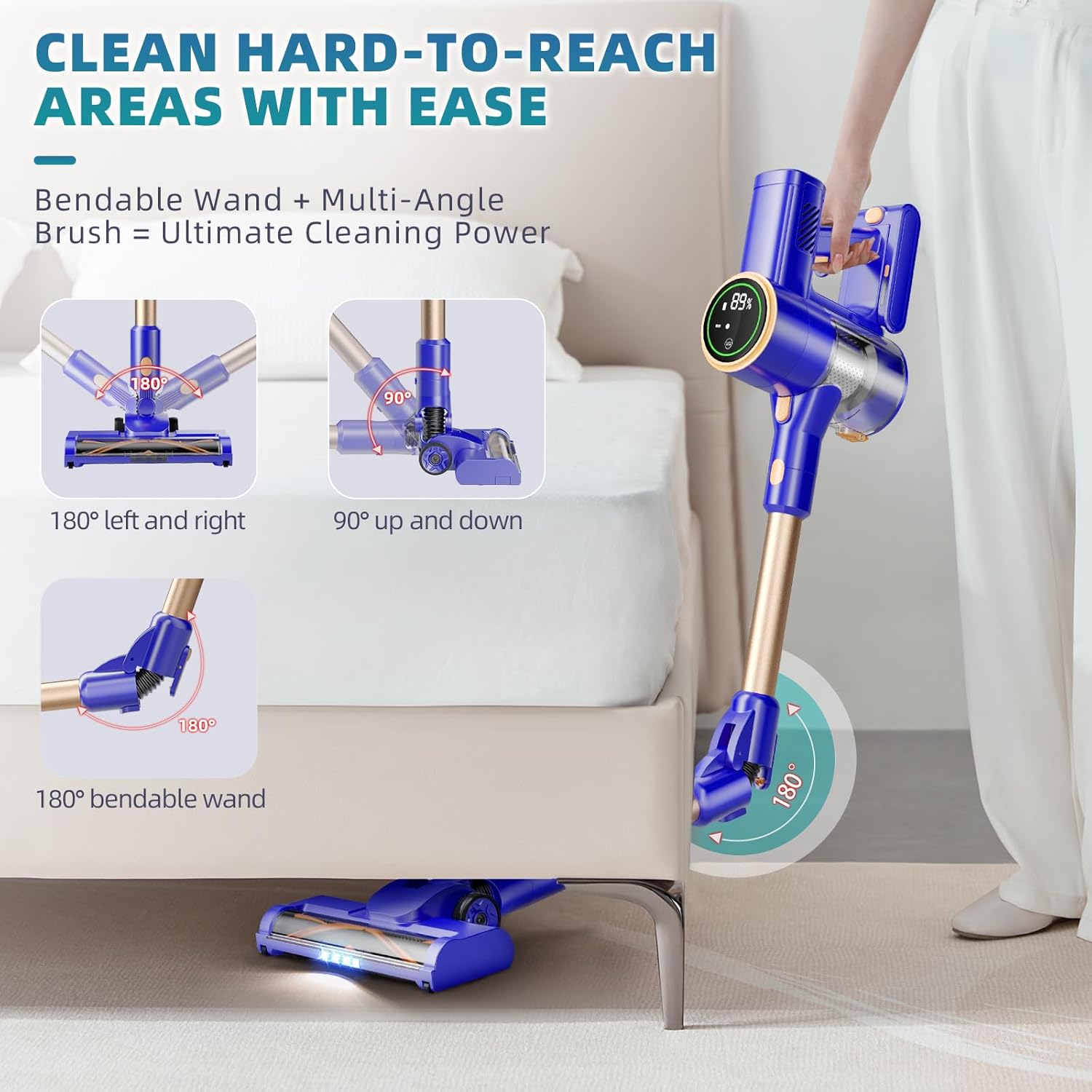 Cordless Vacuum Cleaner, 180° Bendable Wand Stick Vacuum Cleaners with Touch Screen, 8-in-1 Vacuum with Lightweight Rechargeable Battery, Longlasting Runtime for Home Hard Floor Low-Pile Carpet