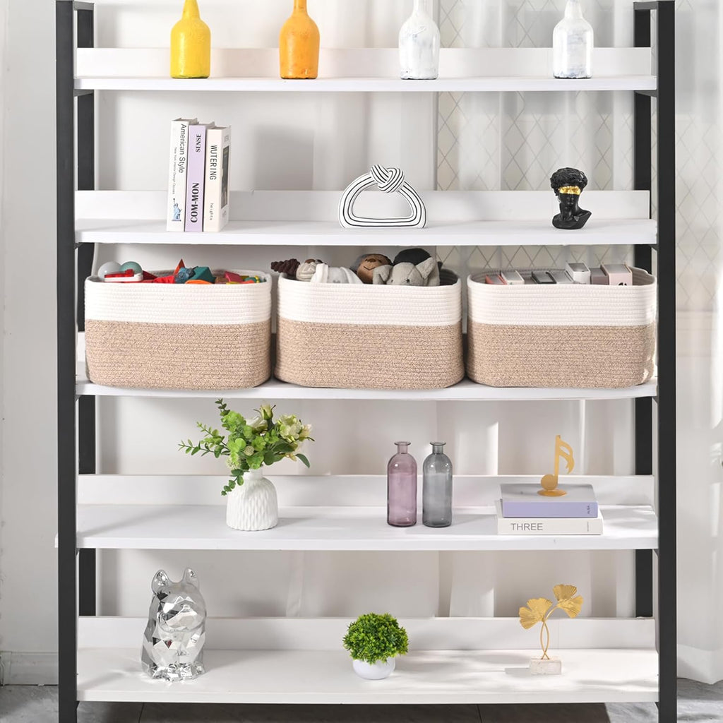 Large Storage Baskets for Organizing Shelves, Woven Cotton Rope Bins for Baby Nursery Organization, Book Toy Towel Organizer, 17"x13"x9.5", 3 Packs, Off White & Brown