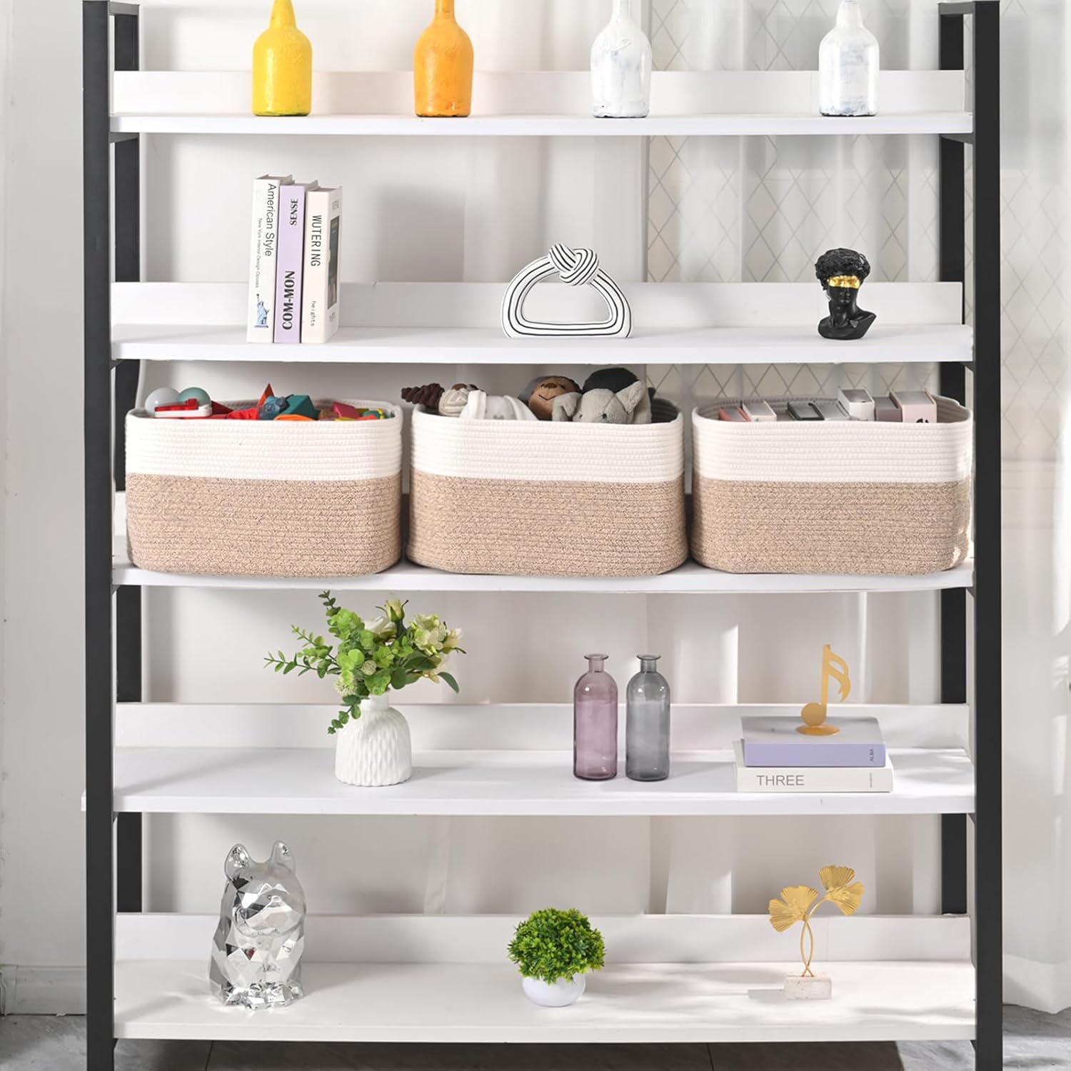 Large Storage Baskets for Organizing Shelves, Woven Cotton Rope Bins for Baby Nursery Organization, Book Toy Towel Organizer, 17"x13"x9.5", 3 Packs, Off White & Brown