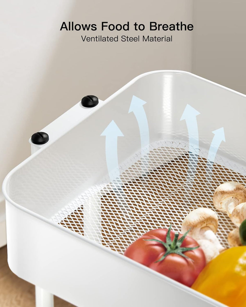 Pipishell 3 Tier Metal Rolling Utility Cart, Heavy-Duty Storage Rolling Cart with 2 Lockable Wheels, Multifunctional Mesh Organization Utility Cart for Kitchen Dining Room Living Room (White)