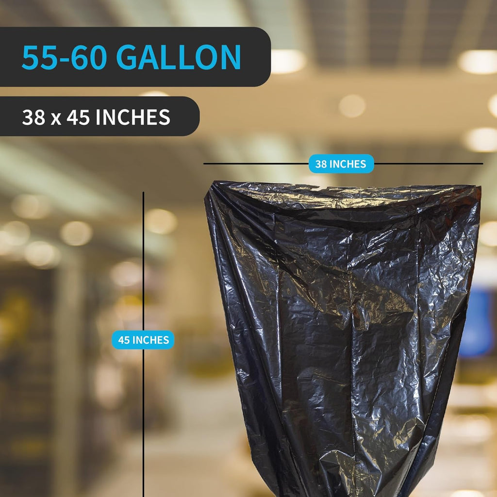 Industrial Grade 50 Count Black Trash Bags, 55-60 Gallon, 2.0 Mil, 36 x 58, Extra Strength, Heavy Duty, Tear and Puncture Resistant, No Ears, Unscented, Durable, No Ties, Made in USA