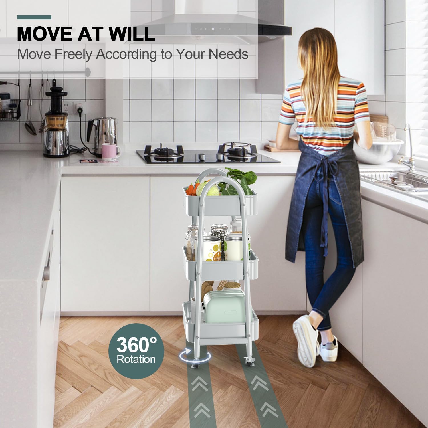 EAGMAK 3 Tier Utility Rolling Cart, Metal Storage Cart with Handle and Lockable Wheels, Multifunctional Storage Organizer Trolley with Mesh Baskets for Kitchen, Living Room, Office, Garage (Grey)