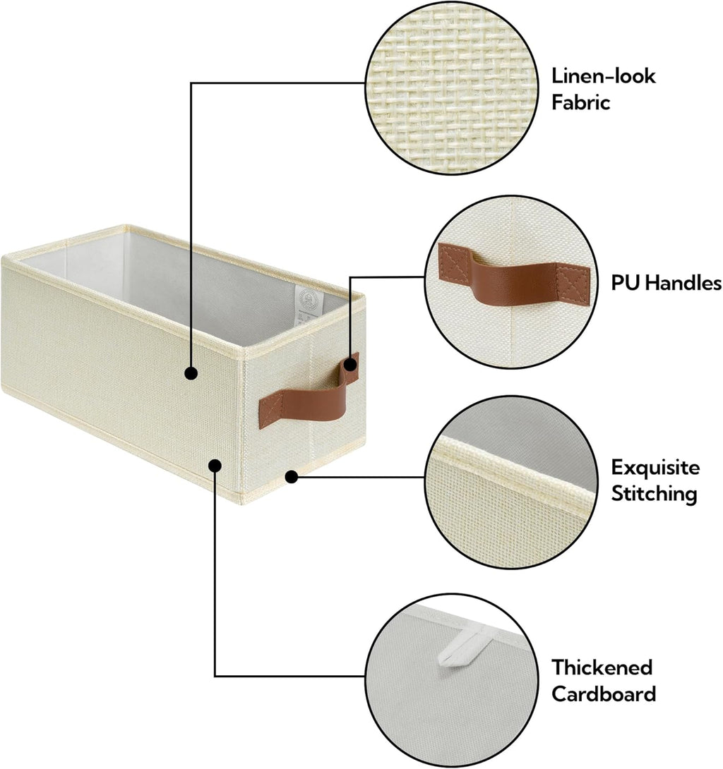 GRANNY SAYS Small Fabric Storage Bins, Storage Baskets for Shelves with PU Handles, Toilet Paper Storage, Mini Baskets for Organizing DVD, Photos, Clothes, Diaper, Sock, Cd, 3-Pack, Ivory