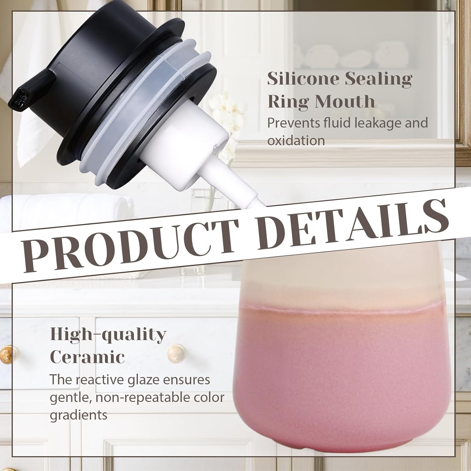 INGOFIN Ceramic Foaming Soap Dispenser - 12oz Foam Hand Soap Dispenser Bathroom, Refillable Modern Dish Dispenser with Pump for Kitchen, Beige and Pink