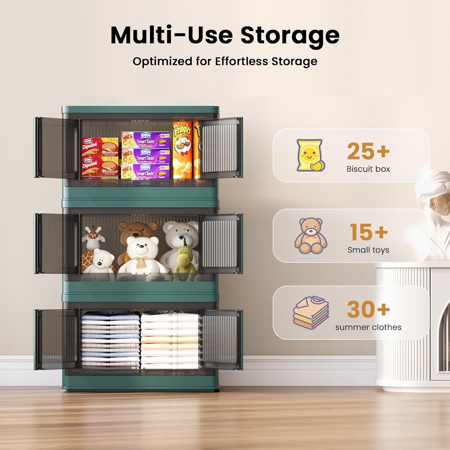 8.4Gal Collapsible Storage Bins with Lids & Wheels - 3 Pack Stackable with Doors, Heavy-Duty Plastic Containers for Home/Office, Green