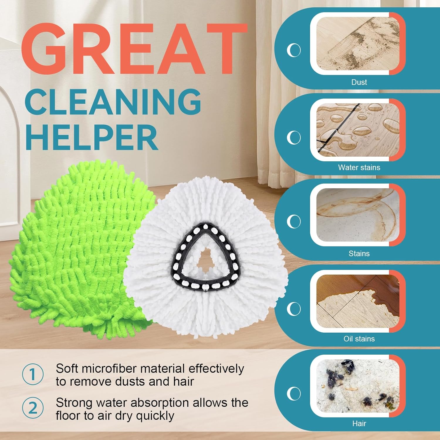 7 Pack Mop Replacement Heads for O-Ceda Mop Replace Head EasyWring Spin Mop Heads Replacements, Microfiber Spin Mop Refills, Cleaning Mop Head for Living Room& Bath Tool