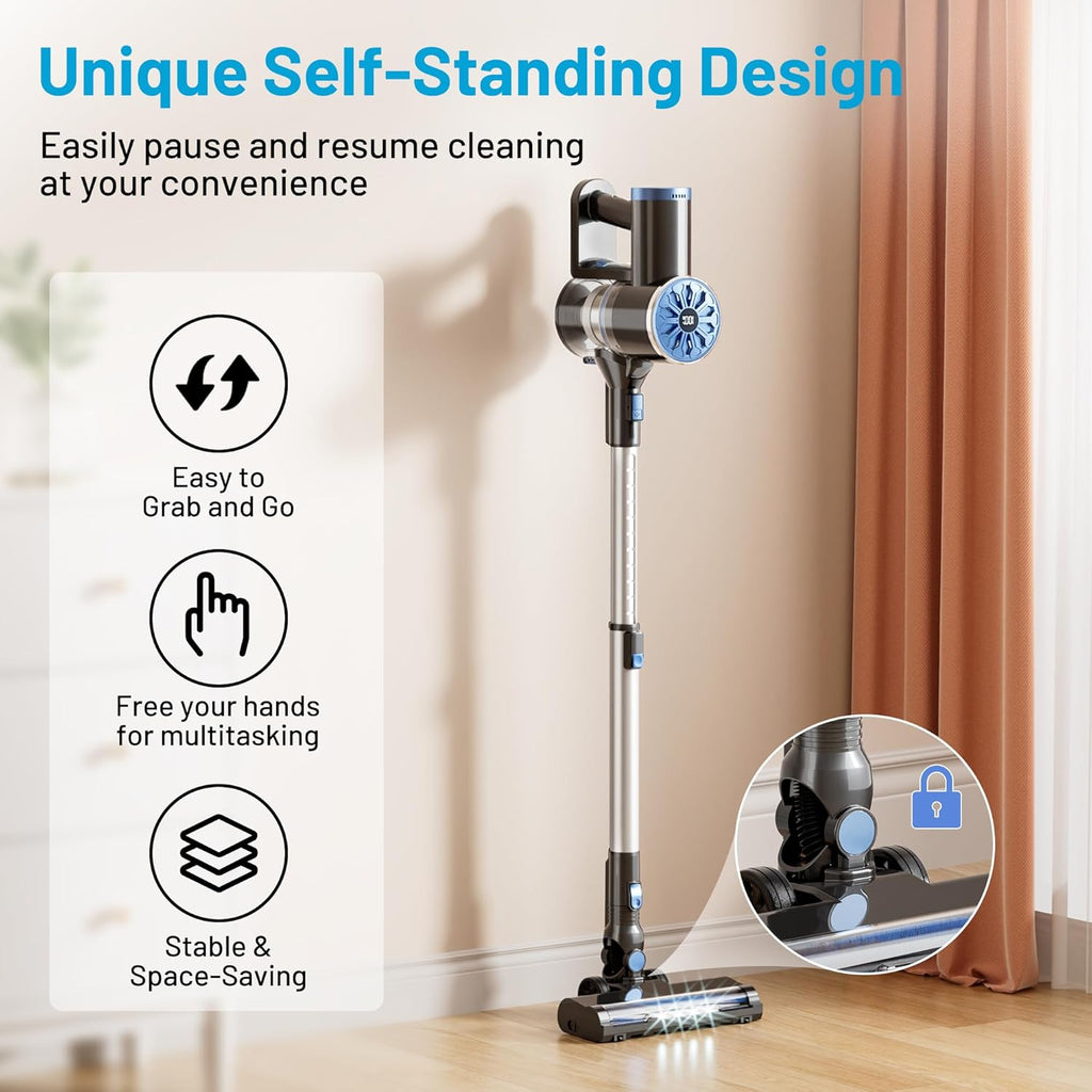 Cordless Vacuum Cleaner with Self-Standing, LED Screen Stick Vacuum Cleaners for Home, Lightweight Powerful Suction Vacuum, 6-in-1 Rechargeable Vacuum for Carpets, Pet Hair, Hardwood Floors
