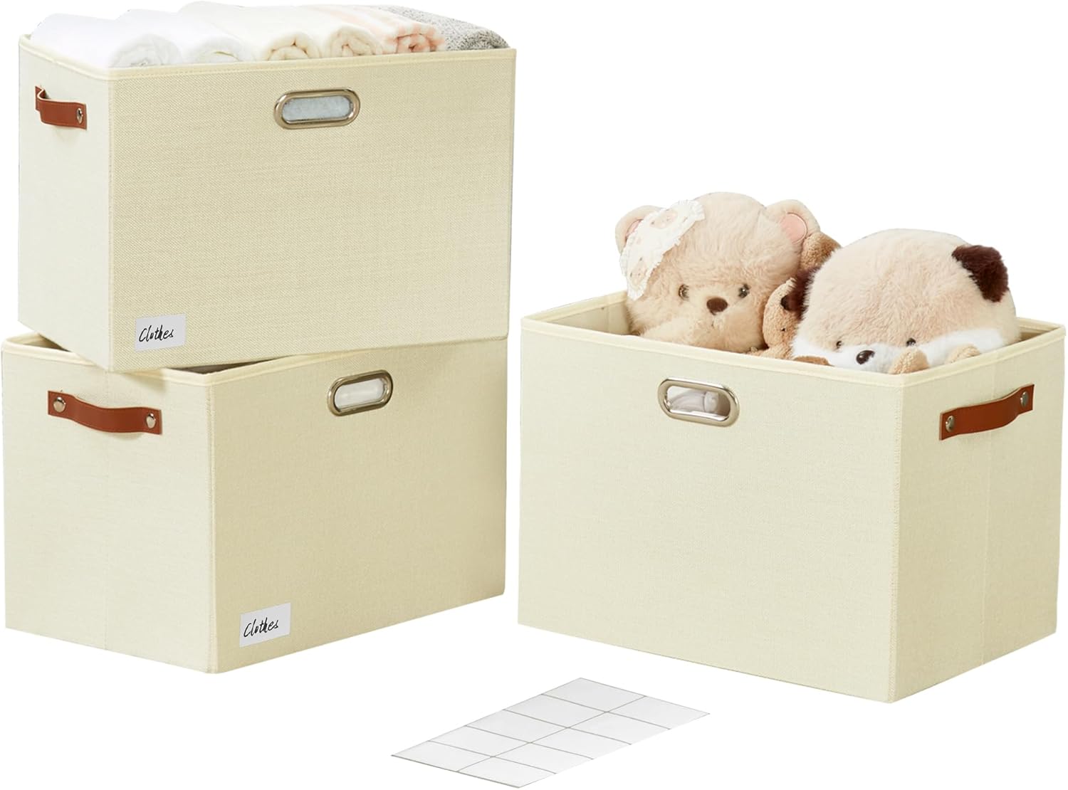 3-Pack Foldable Fabric Storage Bins with Durable PU & Metal Handles, Collapsible Storage Baskets for Shelves, Home Storage, Closet Organizers, Living Room(17"x11.8"x11.8", Beige)