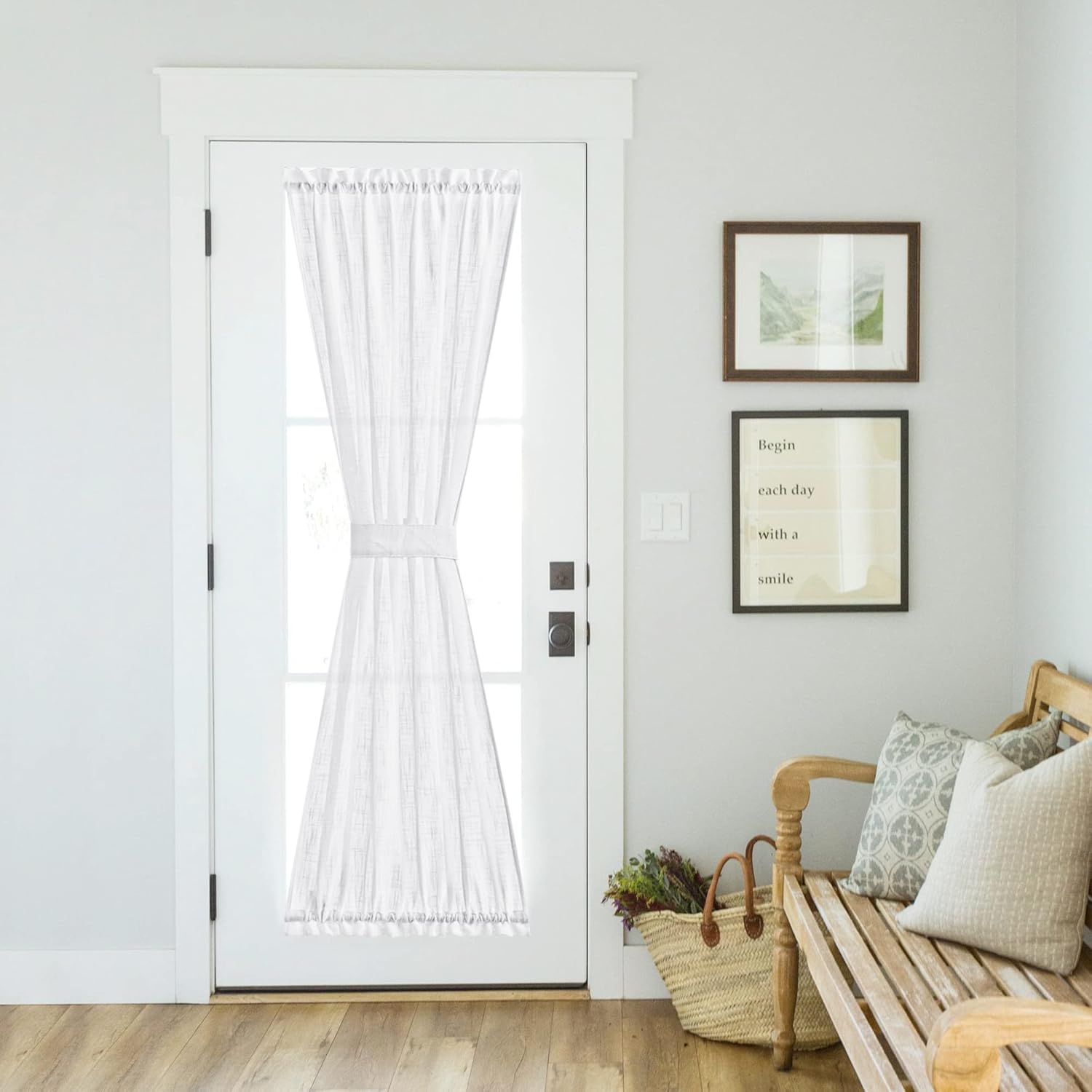 NICETOWN French Door Curtain Panel Linen Look Classroom Window Shade Sidelight Filtering 72 Inches White Sheer Curtains for Front Doors with Tieback, 36 Inches Wide, Sold in 1 PC