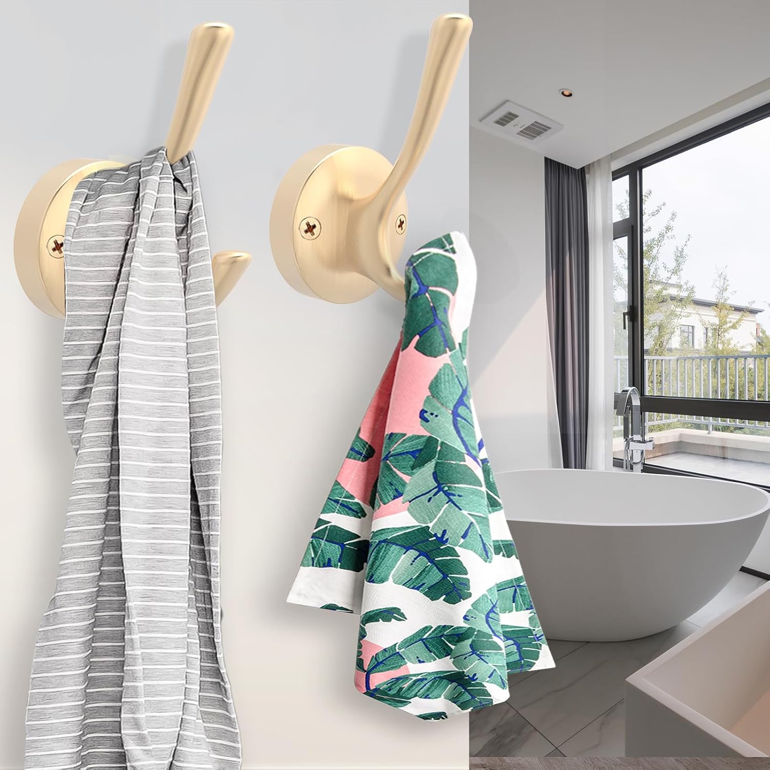 Gold Coat Hooks for Wall, 3 Pack Towel Hook Heavy Duty Metal Double Bath Robe Hook Wall Mount, Hat Hooks for Cubicle Bathroom Kitchen Closet Garage