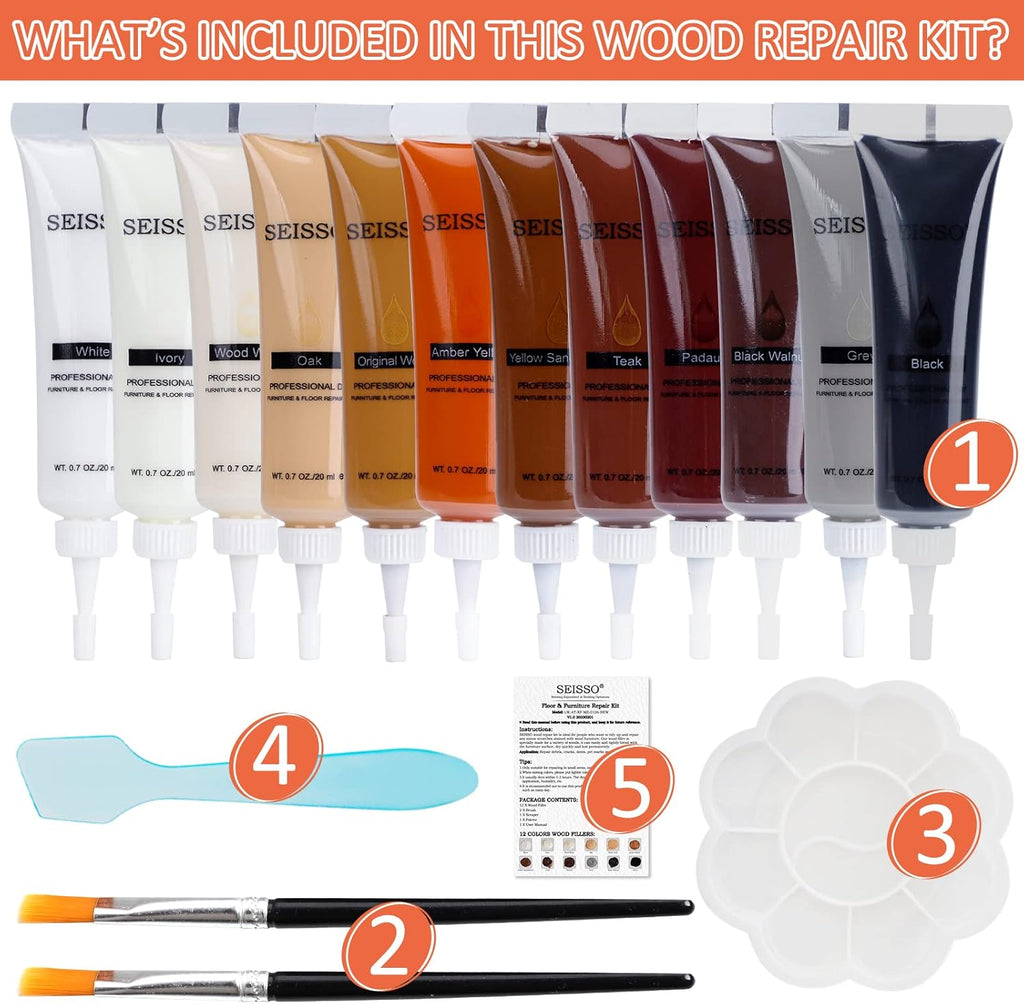 SEISSO Wood Scratch Repair Kit, 12 Colors Wood Filler Putty for Scratches Furniture Markers Touch Up Vinyl Floor Repair Kit - Restore a Finish, Cover Hardwood Scratches, Cracks, Hole, Table, Door