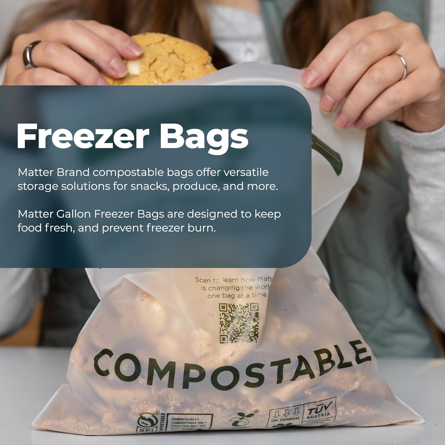 Matter Compostable Gallon Freezer Bags for Food Storage, Eco-Friendly, Resealable, Food Storage Bags, 30 Count