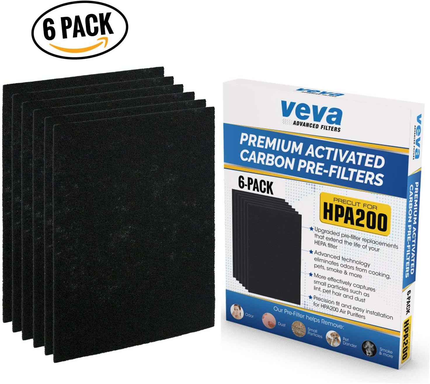 VEVA Air Purifier Filter Replacements - 6 Pack Precut & Compatible with Honey-well HPA200 Purifiers - Premium Activated Carbon Pre-Filters