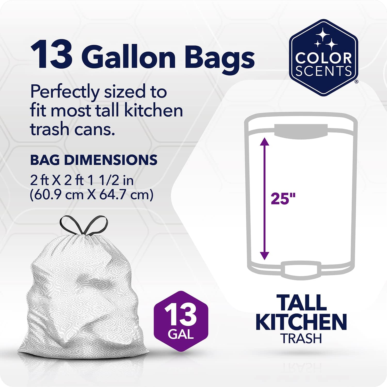 Color Scents Tall Kitchen Trash Bags - 13 Gallon, 100 Bags (1 Pack of 100 Count), Drawstring - White bag in Lavender + Sage Scent with Microban