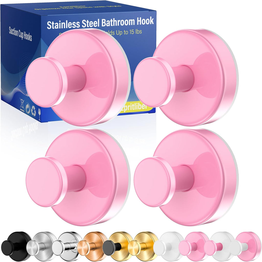 Suction Cup Hooks for Shower,Removable No Drill Towel Hooks,Upgraded 15 lbs Strong Suction hooks for Bathroom Tile,Shower Wall,Glass Door,Kitchen-Loofah,Coat,Stainless Waterproof-Pink 4 Pcs