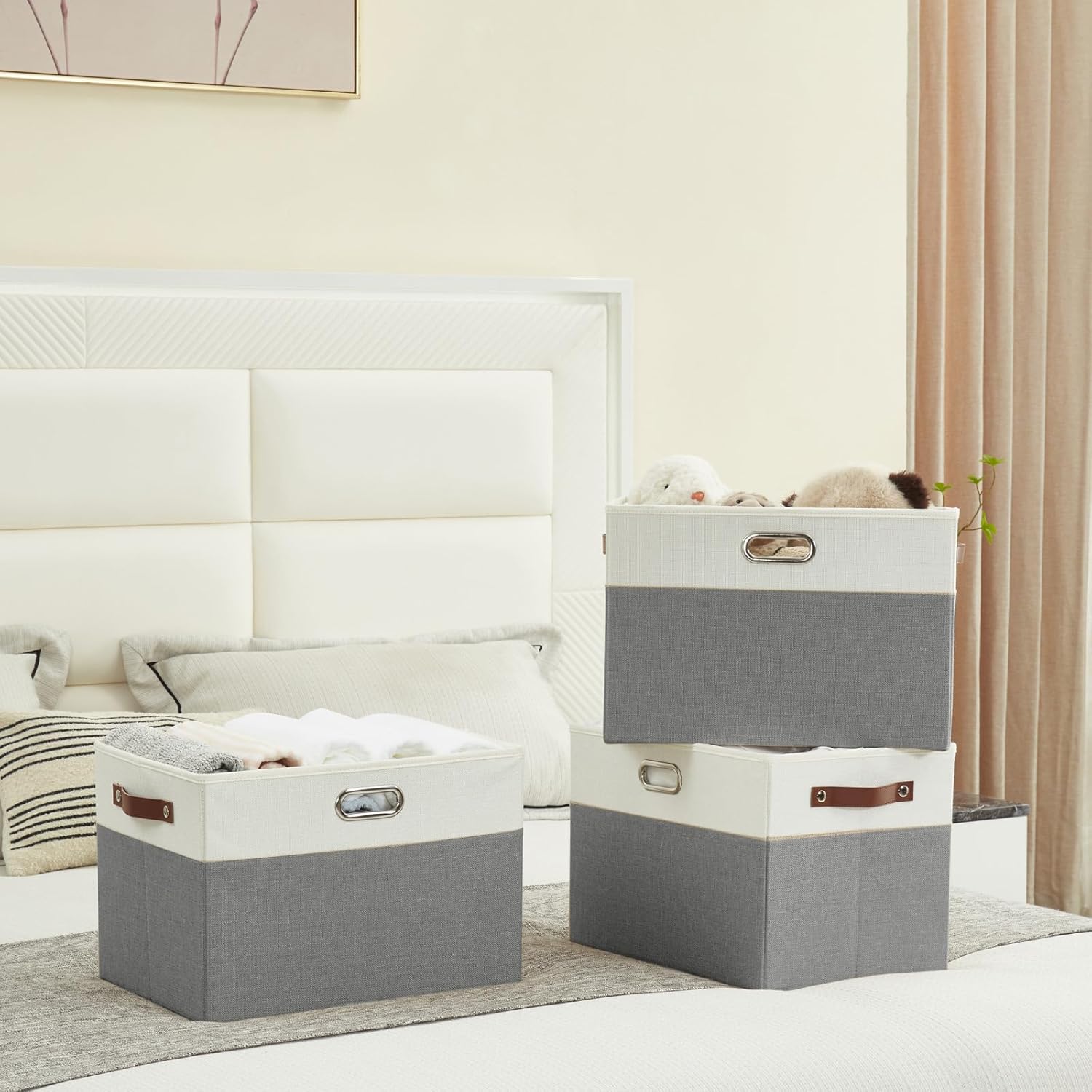 Large Collapsible Fabric Storage Bins with 3 Handles, Foldable Organizer Baskets for Closet, Shelves, Living Room | 3 Pack, Durable PU & Metal Handles (17"x11.8"x11.8", Gray & White)