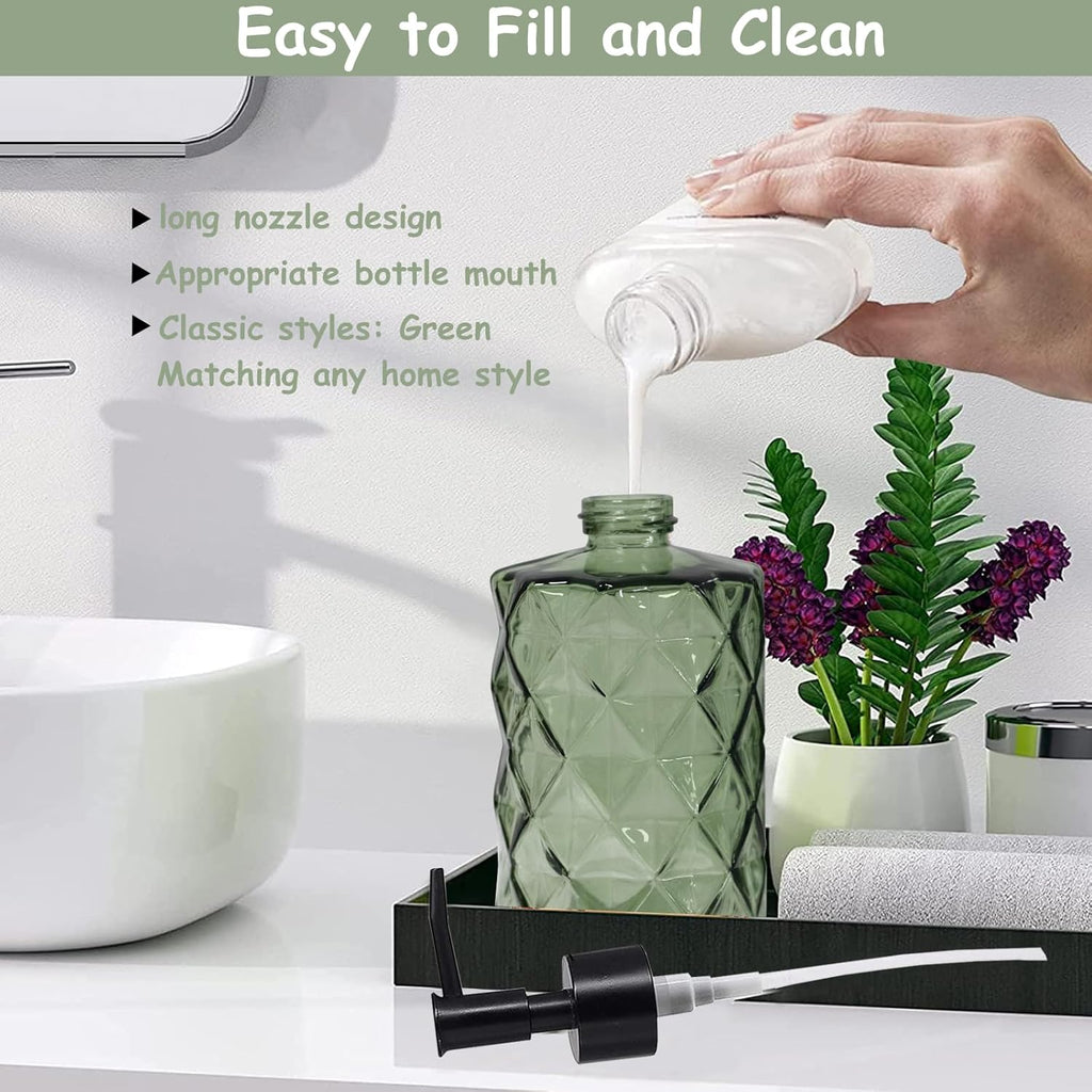 Green Glass Soap Dispenser, 12oz Bathroom Hand Dispenser, Lotion Dispenser with Black Plastic Pump for Modern Home Decor, Kitchen Countertop, Hotel