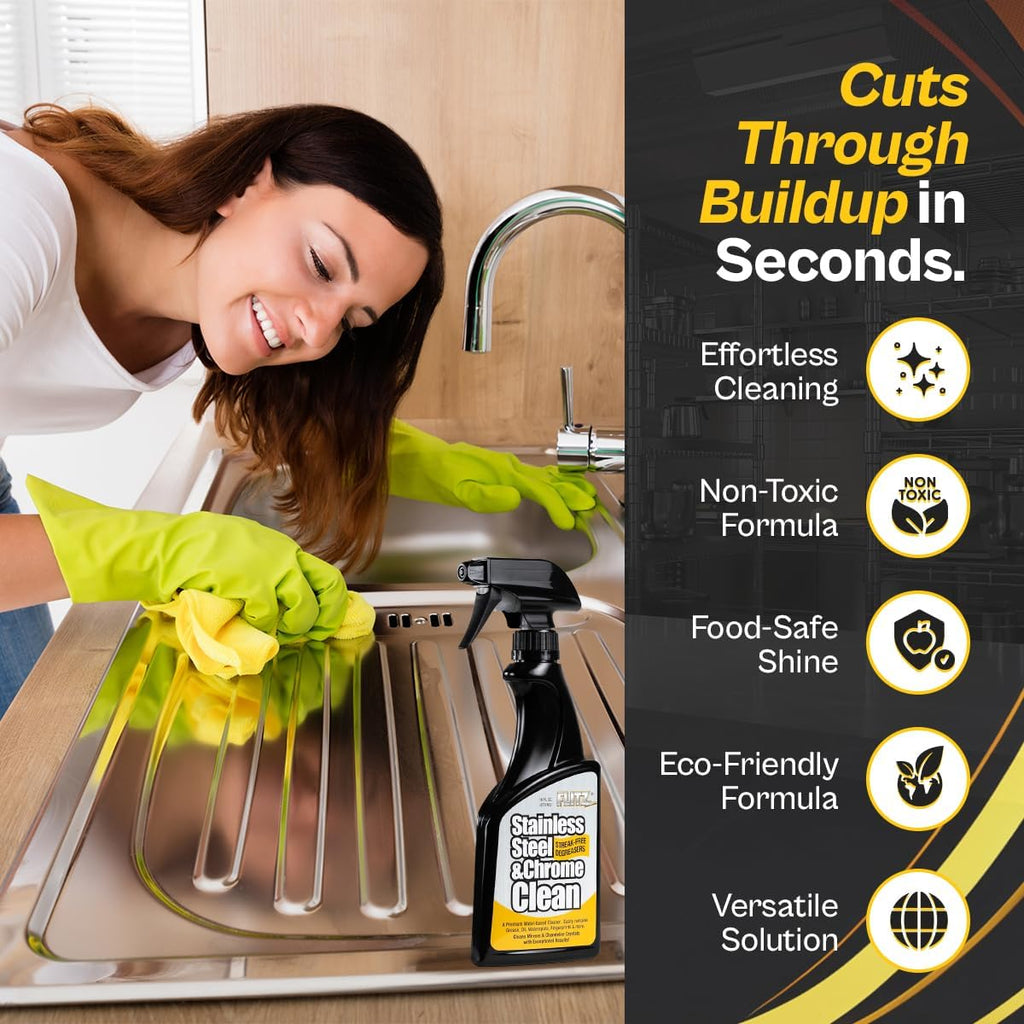 Flitz Stainless Steel & Chrome Clean - 16oz Bottle, USA-Made Stainless Steel Cleaner Spray for Appliances - Grill, Fridge, Sink Stain Remover - Also Works on Aluminum Surfaces (1 Pack)