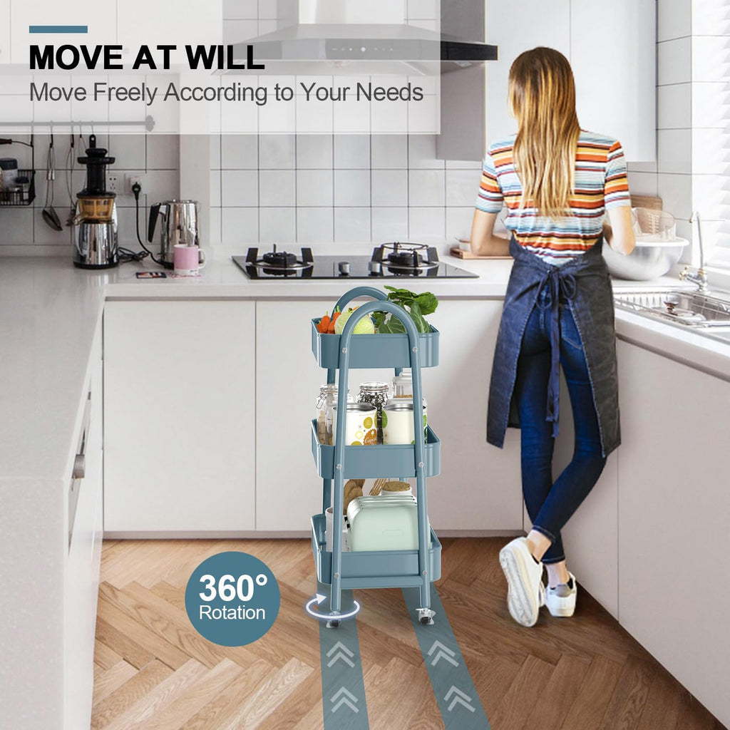 3 Tier Utility Rolling Cart, EAGMAK Metal Storage Cart with Handle and Lockable Wheels, Multifunctional Storage Organizer Trolley with Mesh Baskets for Kitchen, Living Room, Office, Garage (Blue)