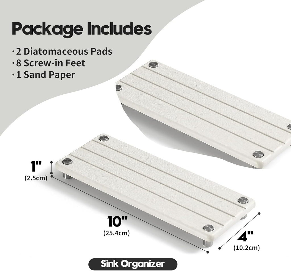 2 Pack Fast Drying Water Absorbing Diatomite Stone Mat Tray for Kitchen & Bathroom Counter - Instant Dry Sink Caddy Organizer - Vanity Holder for Soap and Sponge – Beige Gray 10" x 4"