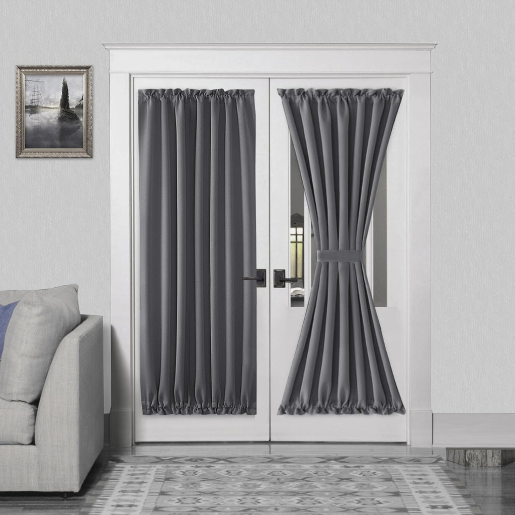 DWCN French Door Curtains – Rod Pocket Thermal Blackout Curtain for Doors with Glass Window, Kitchen and Patio Doors for Privacy, 54 X 72 Inches Long, 1 Curtain Panel with Tieback, Grey