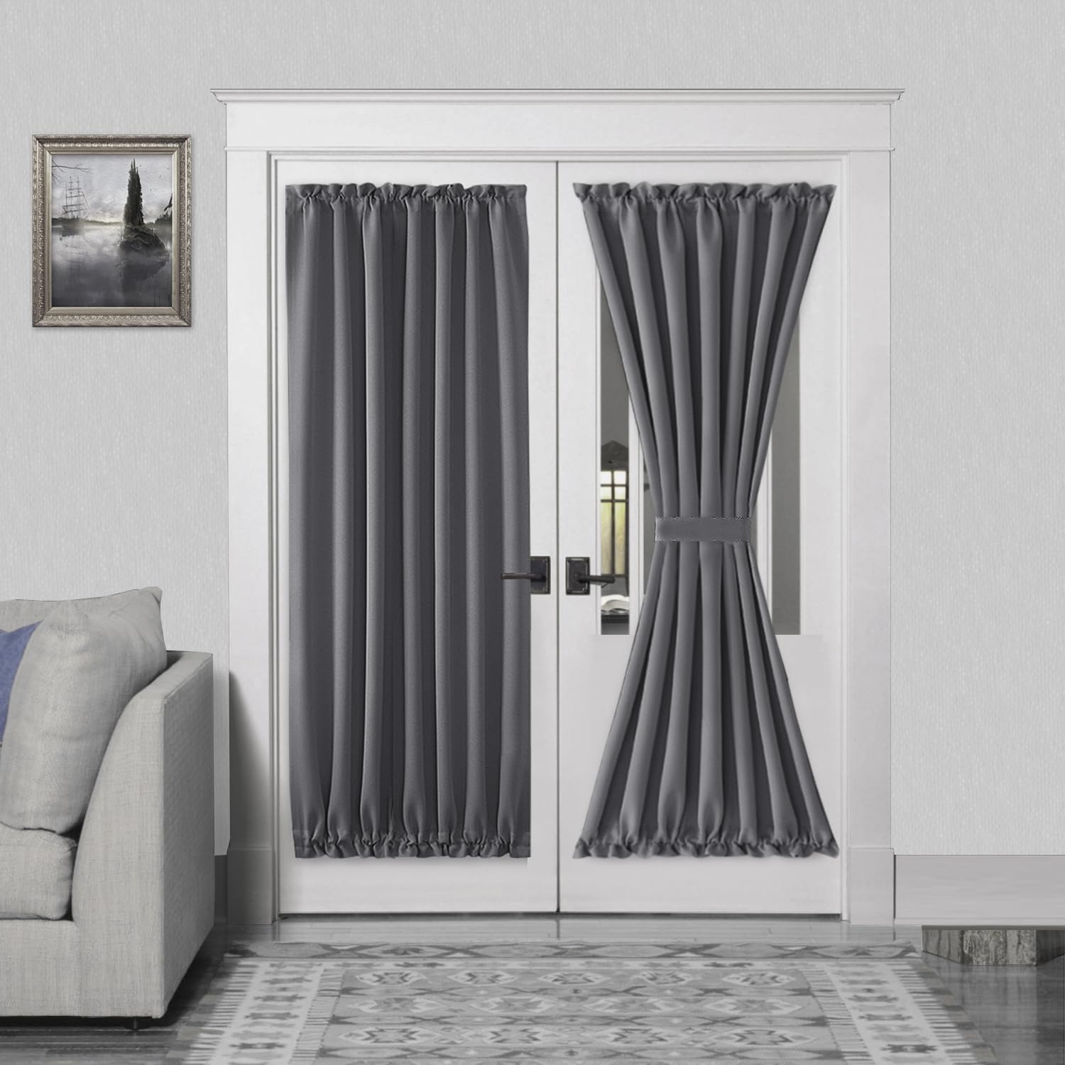 DWCN French Door Curtains – Rod Pocket Thermal Blackout Curtain for Doors with Glass Window, Kitchen and Patio Doors for Privacy, 54 X 72 Inches Long, 1 Curtain Panel with Tieback, Grey
