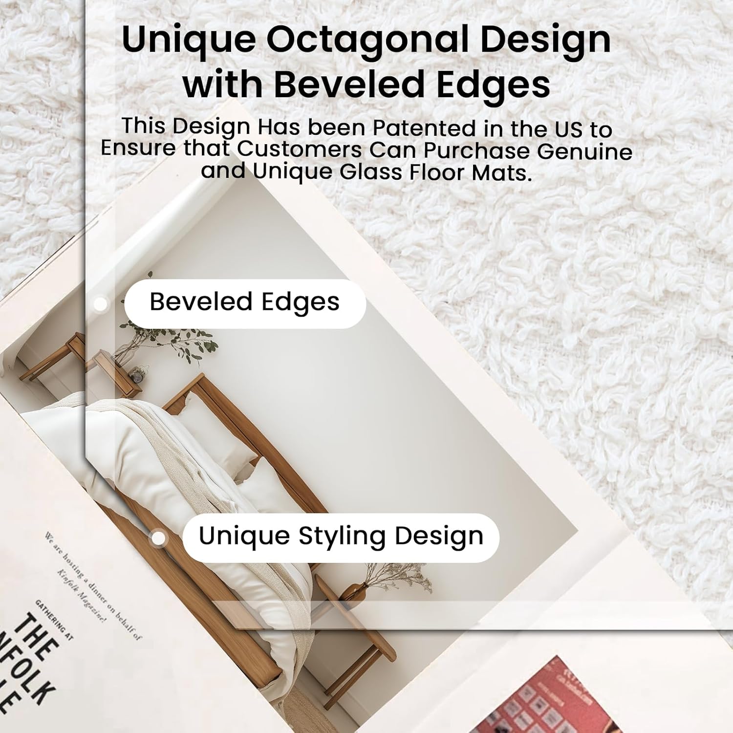 VSARHouse Beveled Edge Tempered Glass Office Chair Mat, 55"x46" Heavy Duty Glass Floor Mat for Carpet or Hard Floors, with Non-Slip Pads, Easy to Slide, Thick 1/5", Octagon, Patent No.30004842